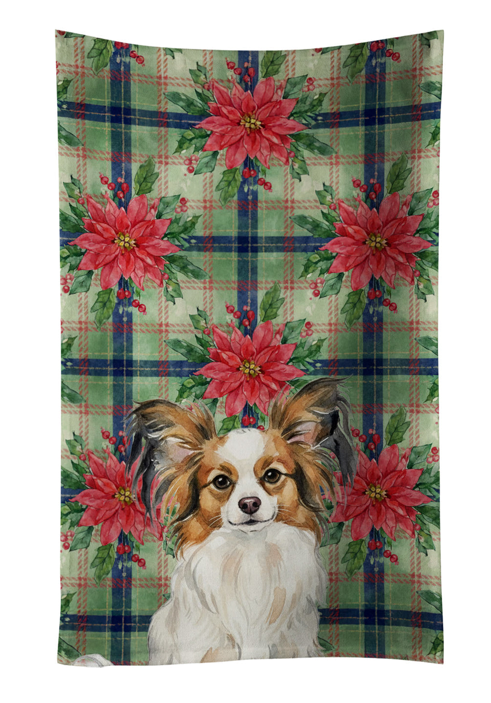 White with Sable Papillon Christmas PoinsettIas Kitchen Towel Velour Plush Front and Cotton Loop Back Machine Washable