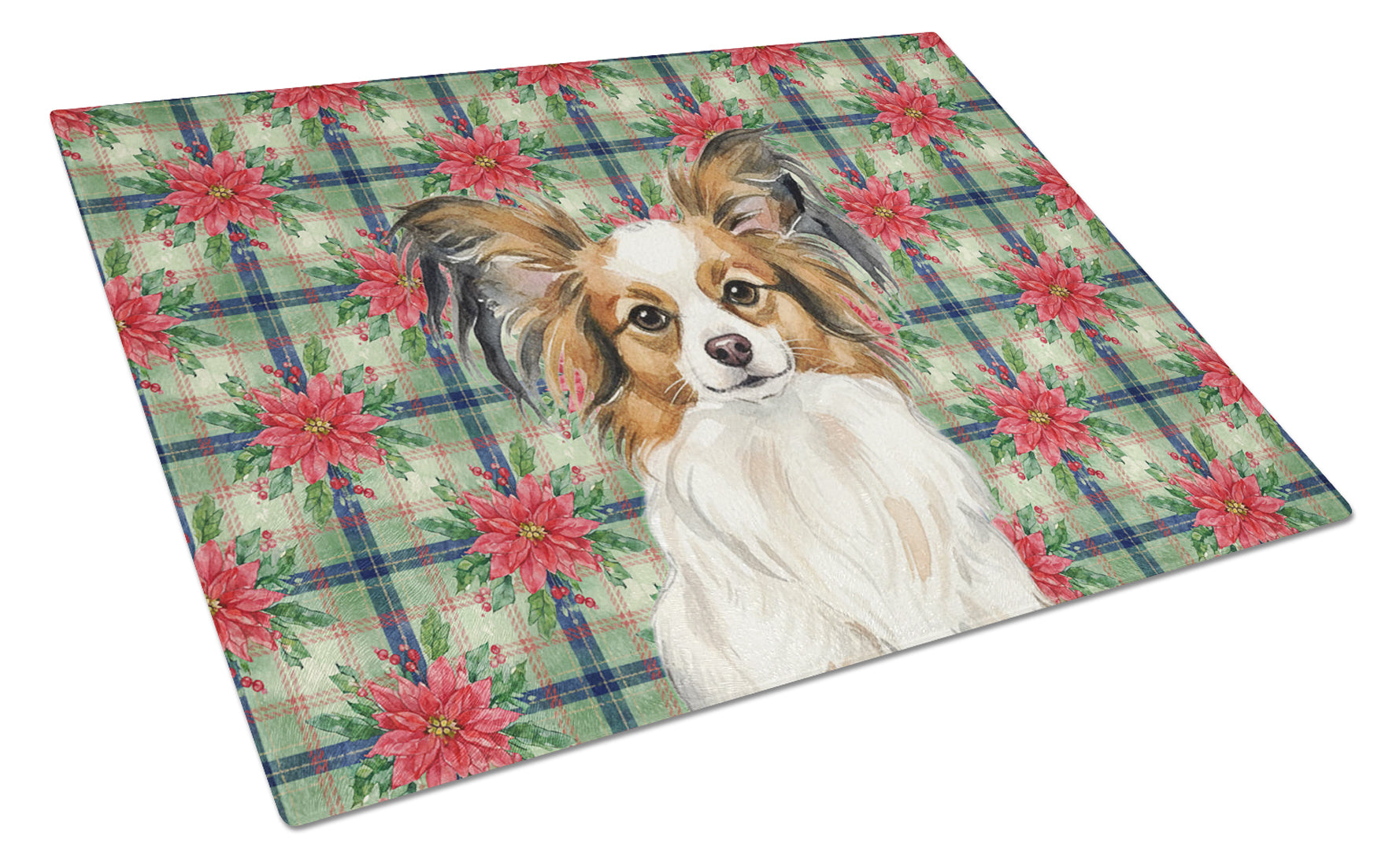 White with Sable Papillon Christmas PoinsettIas Cutting Board Tempered Glass Kitchen Cutting Surface, Heat Resistant Chopping, Non-Slip Feet, Food Prep & Serving