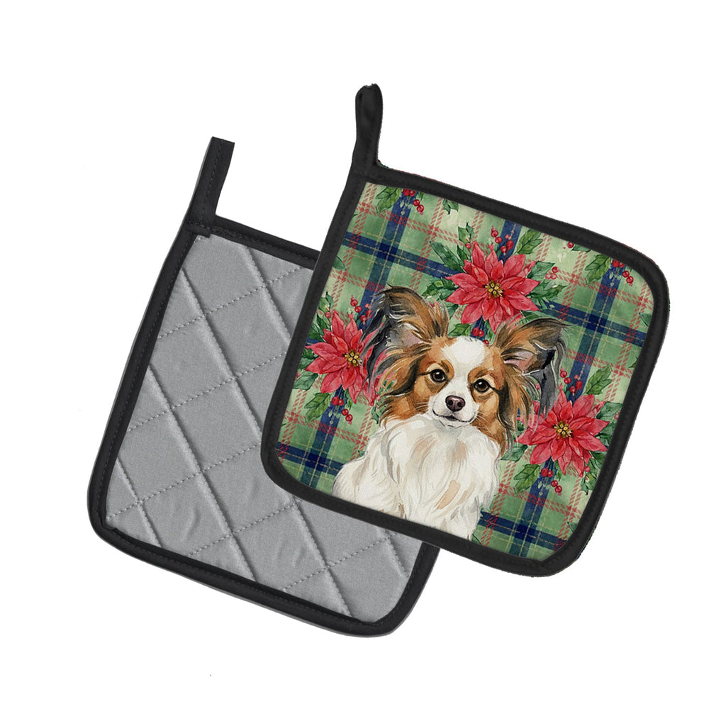 White with Sable Papillon Christmas PoinsettIas Pot Holder Set of 2 Heat Resistant Quilted Hot Pads 7.5 x 7.5 Inch, Insulated Kitchen Trivets for Cooking & Baking
