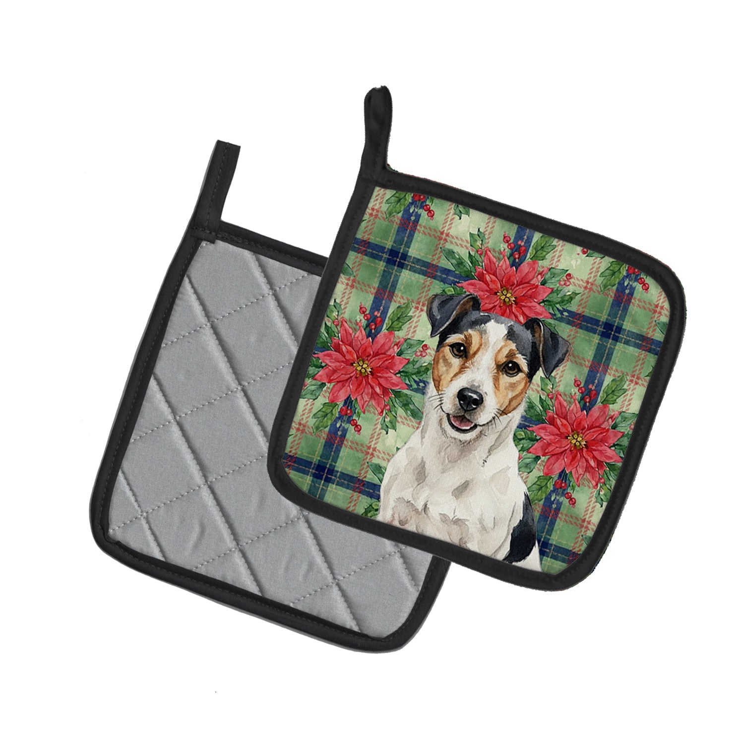 Parson Russell Terrier Christmas PoinsettIas Pot Holder Set of 2 Heat Resistant Quilted Hot Pads 7.5 x 7.5 Inch, Insulated Kitchen Trivets for Cooking & Baking
