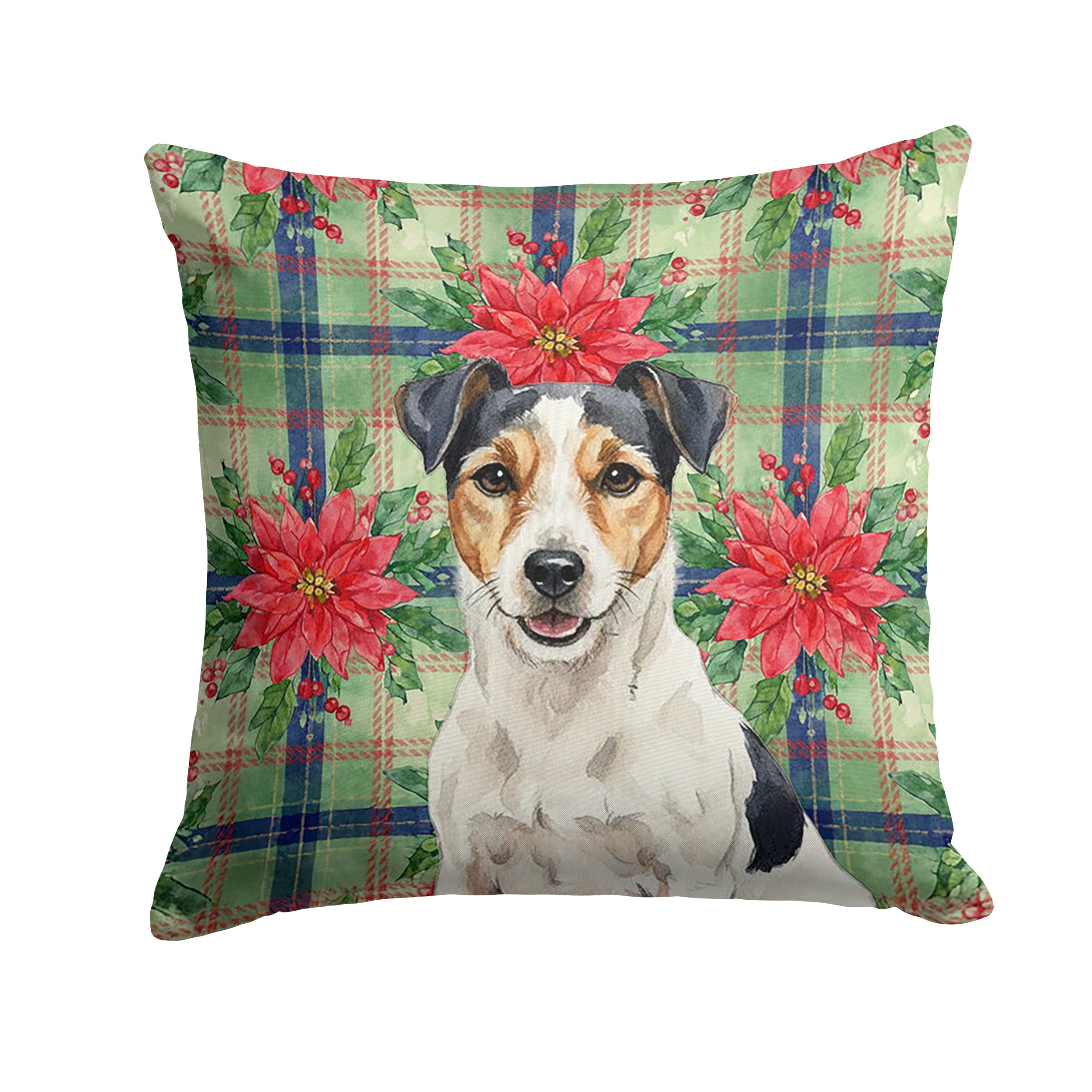 Parson Russell Terrier Christmas PoinsettIas Decorative Throw Pillow 14x14 Indoor Outdoor Accent Cushion, Fabric Cover with Insert for Sofa, Bed, Porch & Living Room
