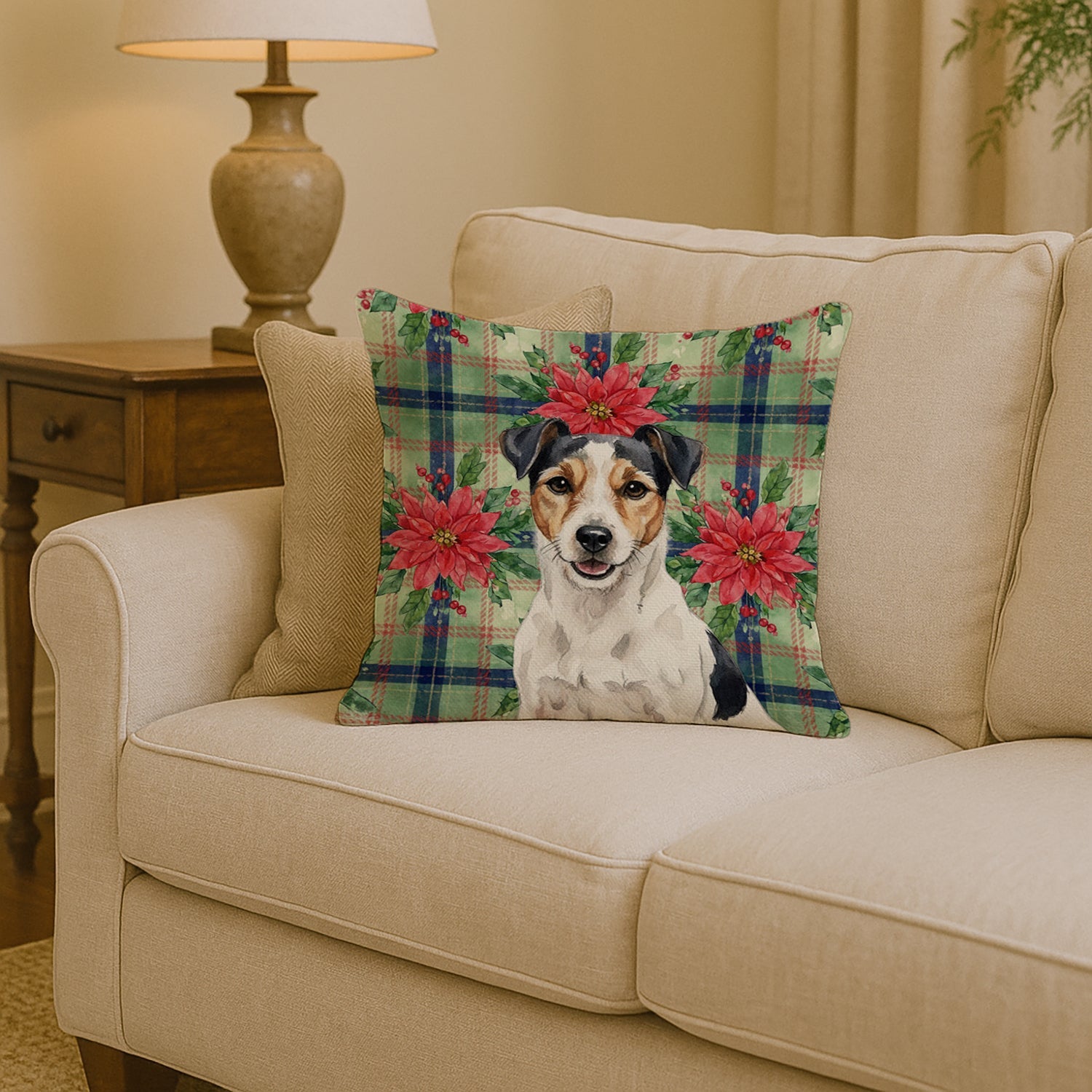 Parson Russell Terrier Christmas PoinsettIas Decorative Throw Pillow 14x14 Indoor Outdoor Accent Cushion, Fabric Cover with Insert for Sofa, Bed, Porch & Living Room