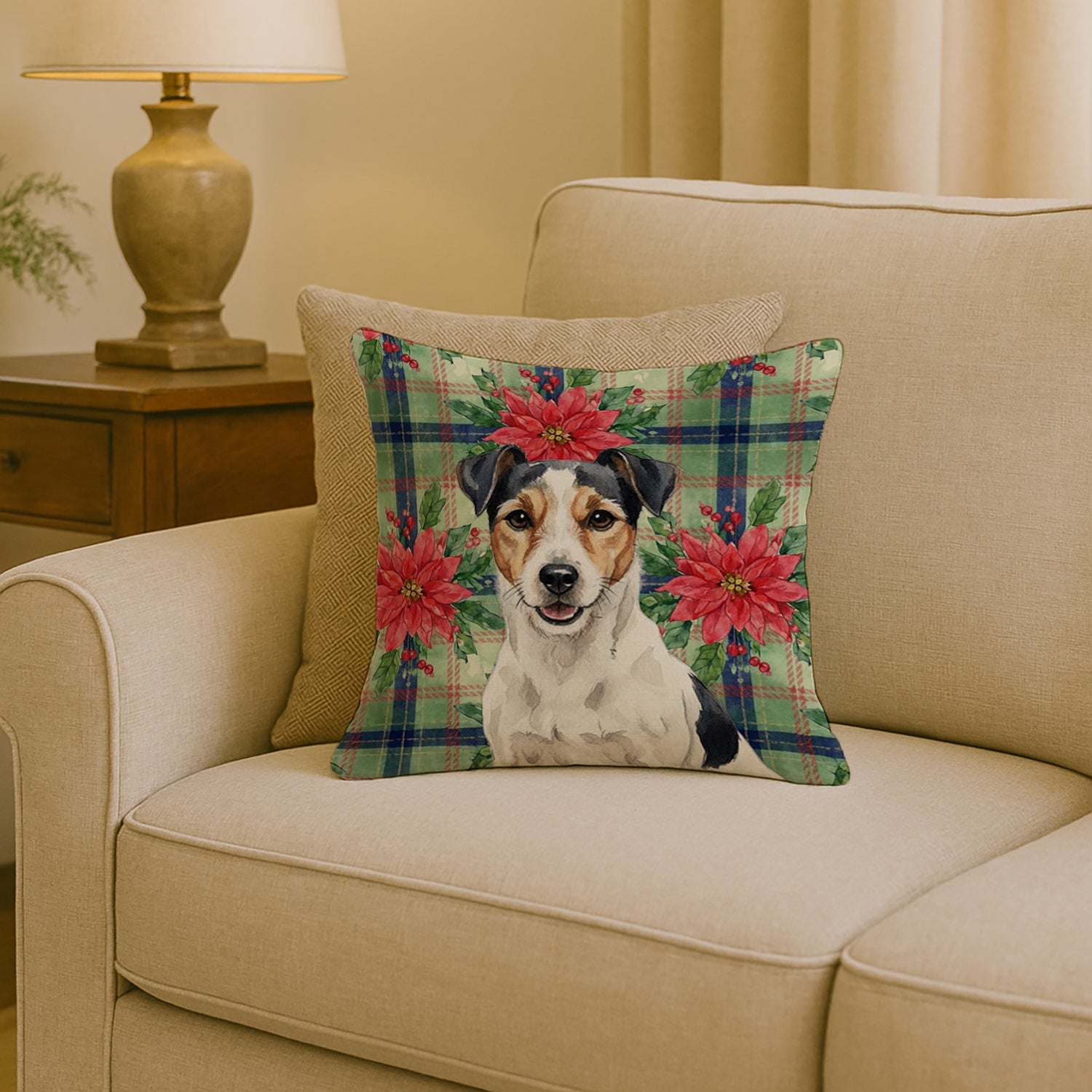 Parson Russell Terrier Christmas PoinsettIas Decorative Throw Pillow 18x18 Indoor Outdoor Accent Cushion, Fabric Cover with Insert for Sofa, Bed, Porch & Living Room