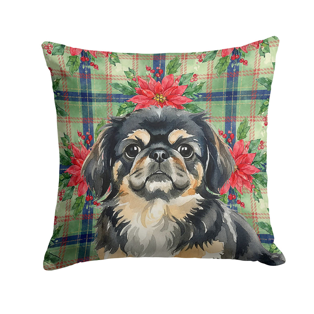 Black and Tan Pekingese Christmas PoinsettIas Decorative Throw Pillow 14x14 Indoor Outdoor Accent Cushion, Fabric Cover with Insert for Sofa, Bed, Porch & Living Room