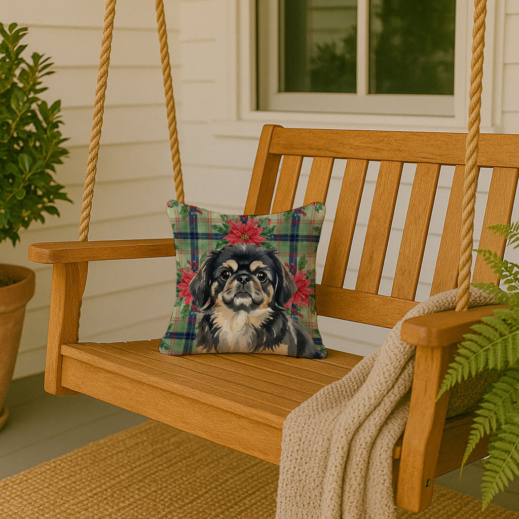 Black and Tan Pekingese Christmas PoinsettIas Decorative Throw Pillow 14x14 Indoor Outdoor Accent Cushion, Fabric Cover with Insert for Sofa, Bed, Porch & Living Room