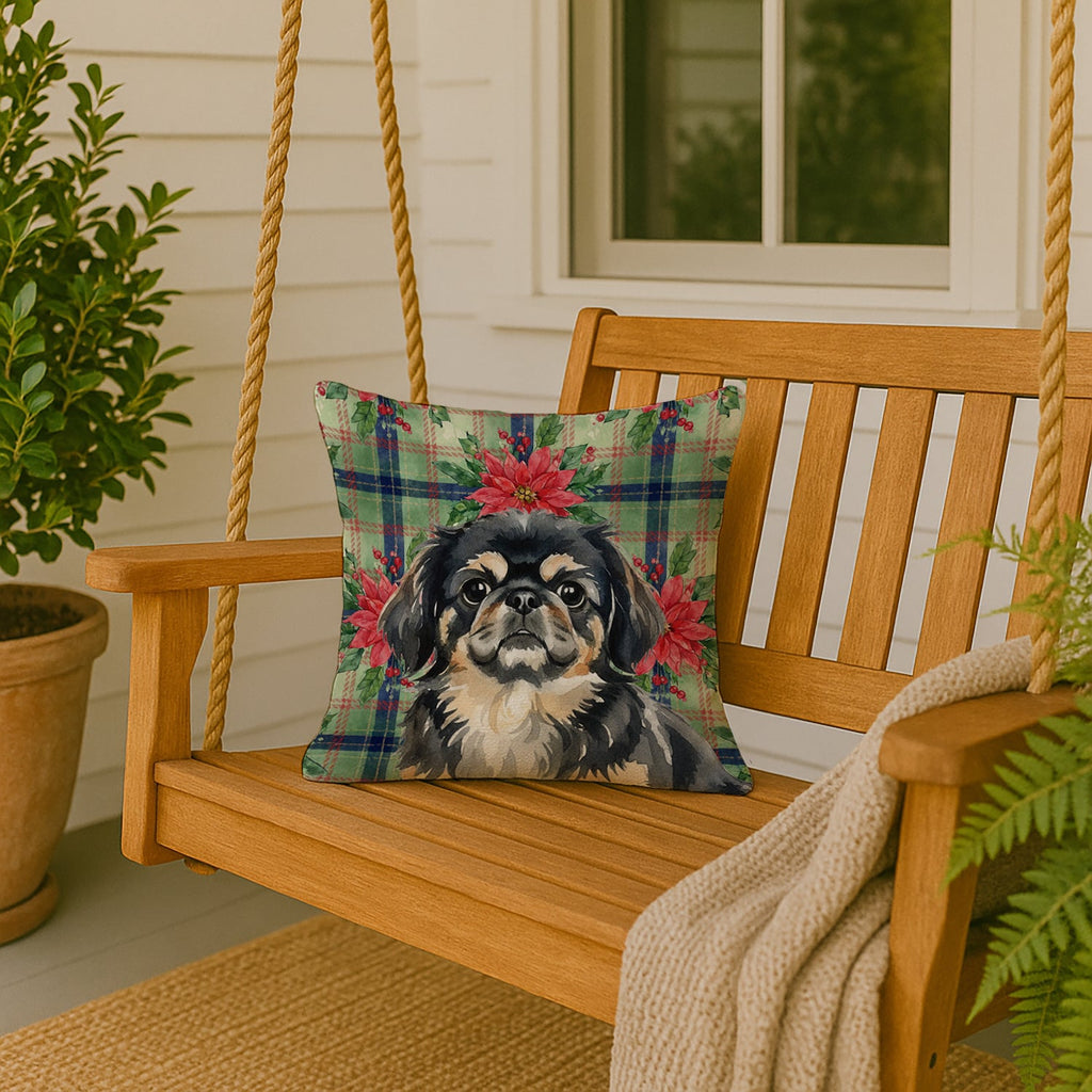 Black and Tan Pekingese Christmas PoinsettIas Decorative Throw Pillow 18x18 Indoor Outdoor Accent Cushion, Fabric Cover with Insert for Sofa, Bed, Porch & Living Room