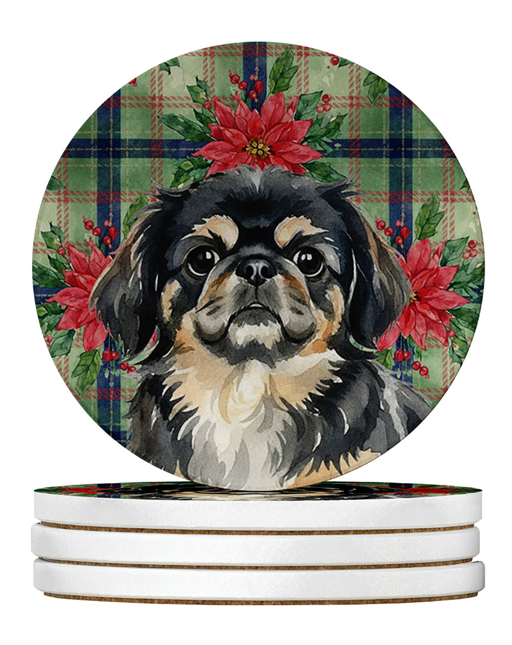 Black and Tan Pekingese Christmas PoinsettIas Large Sandstone Coasters Pack of 4 Absorbent Round Coasters Decor Gifts for Men or Women, 4 in, Multicolor