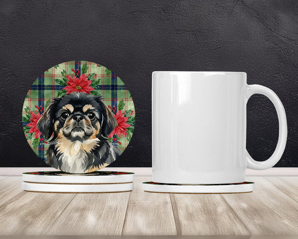 Black and Tan Pekingese Christmas PoinsettIas Large Sandstone Coasters Pack of 4 Absorbent Round Coasters Decor Gifts for Men or Women, 4 in, Multicolor