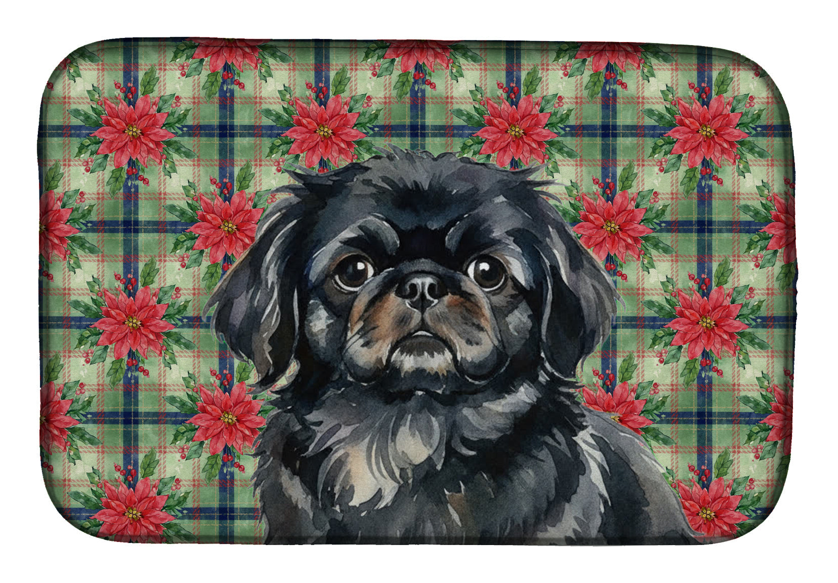 Black Pekingese Christmas PoinsettIas Dish Drying Mat Absorbent Dish Drying Mat Pad for Kitchen Counter Dish Drainer Mat for Countertop, 14 x 21", Multicolor