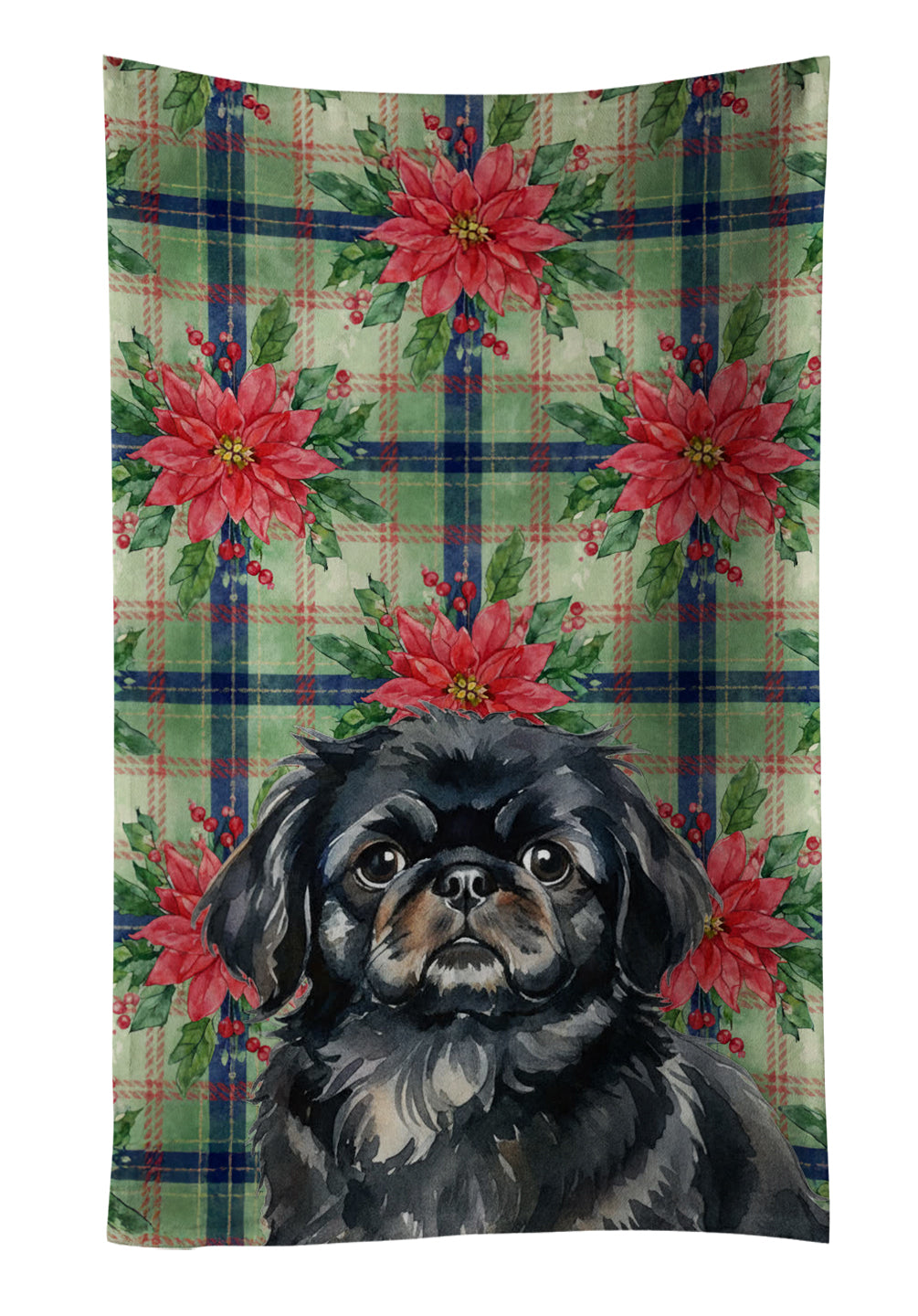 Black Pekingese Christmas PoinsettIas Kitchen Towel Velour Plush Front and Cotton Loop Back Machine Washable