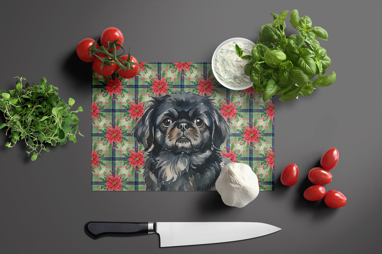 Black Pekingese Christmas PoinsettIas Cutting Board Tempered Glass Kitchen Cutting Surface, Heat Resistant Chopping, Non-Slip Feet, Food Prep & Serving