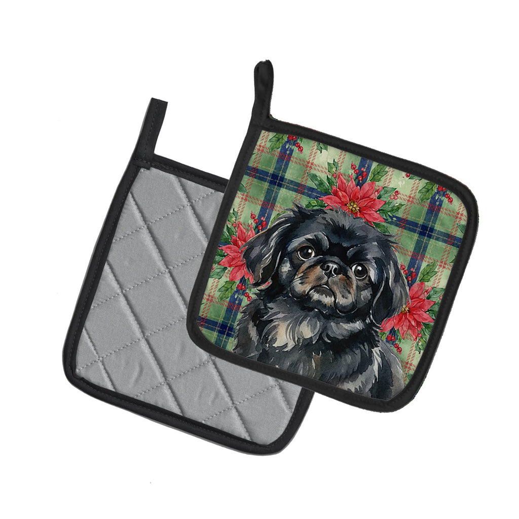 Black Pekingese Christmas PoinsettIas Pot Holder Set of 2 Heat Resistant Quilted Hot Pads 7.5 x 7.5 Inch, Insulated Kitchen Trivets for Cooking & Baking