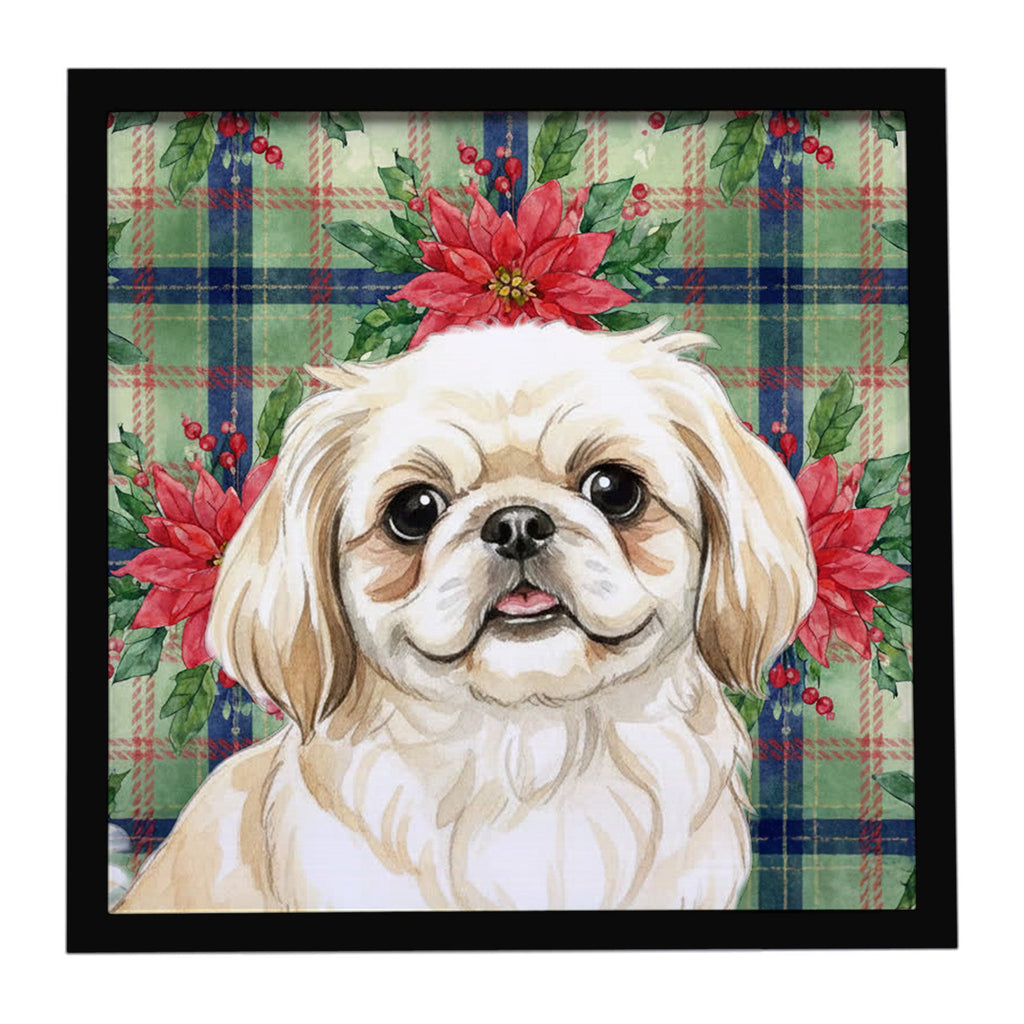 Cream Pekingese Christmas PoinsettIas Framed Metal Print Bathroom, Kitchen, Office, Home Decor Wall Art Ready to Hang, Square, 8X8