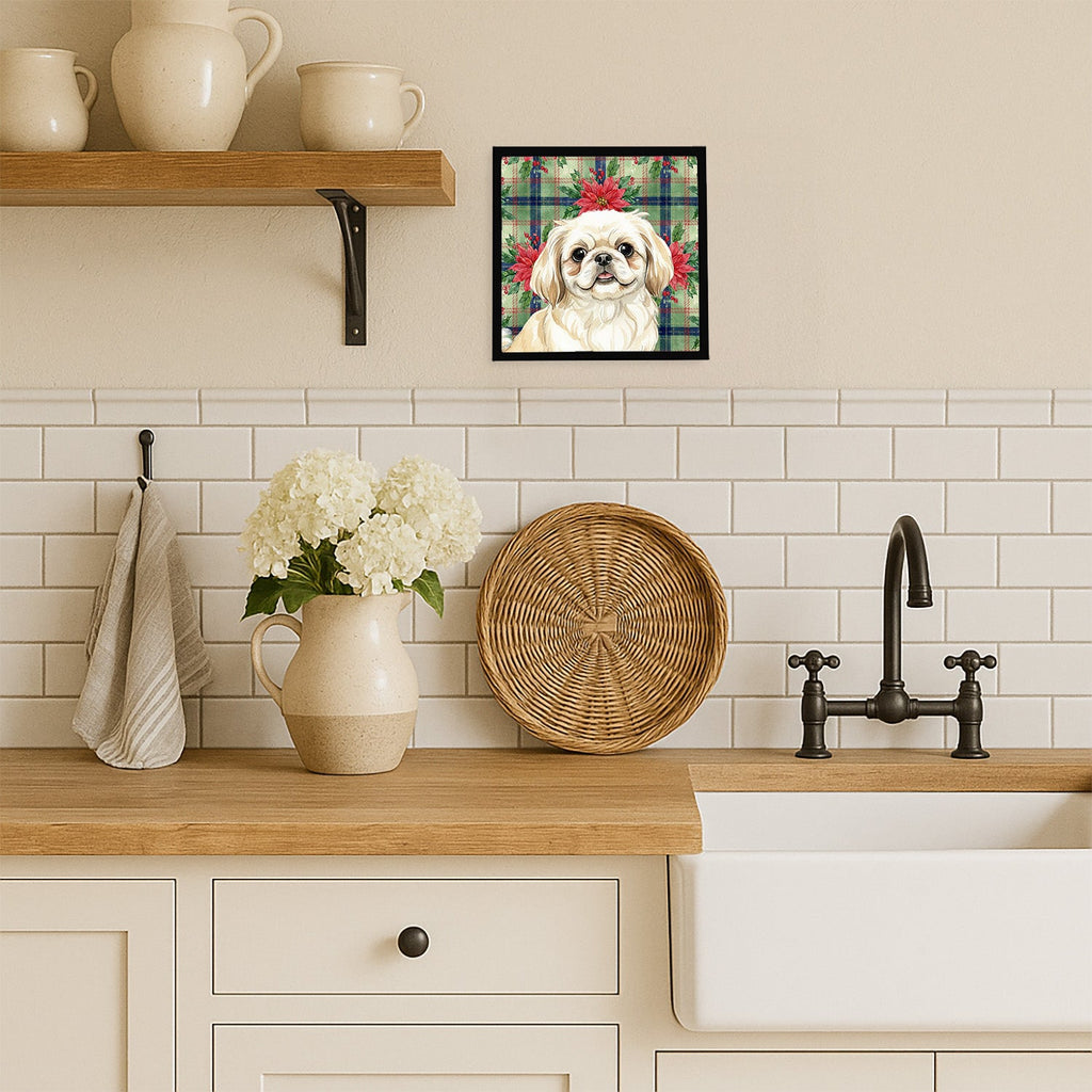 Cream Pekingese Christmas PoinsettIas Framed Metal Print Bathroom, Kitchen, Office, Home Decor Wall Art Ready to Hang, Square, 8X8