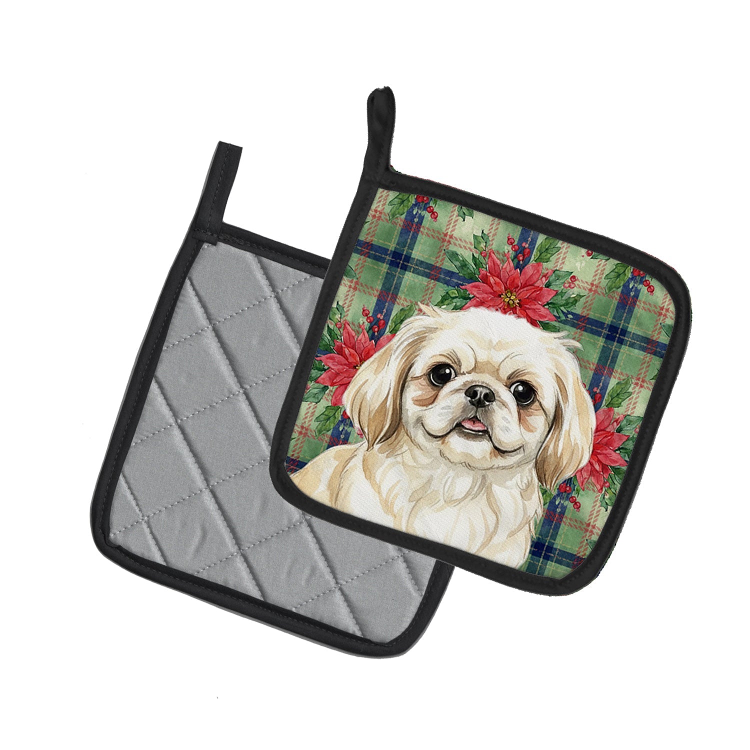 Cream Pekingese Christmas PoinsettIas Pot Holder Set of 2 Heat Resistant Quilted Hot Pads 7.5 x 7.5 Inch, Insulated Kitchen Trivets for Cooking & Baking