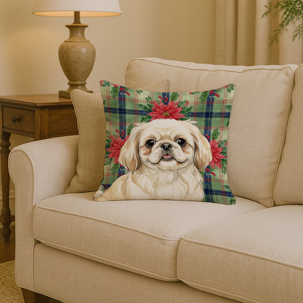 Cream Pekingese Christmas PoinsettIas Decorative Throw Pillow 14x14 Indoor Outdoor Accent Cushion, Fabric Cover with Insert for Sofa, Bed, Porch & Living Room