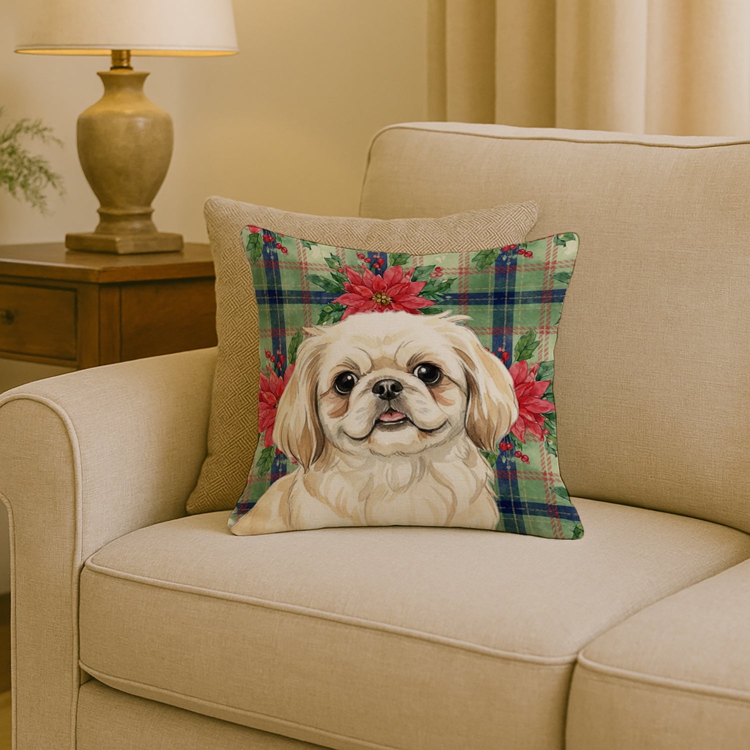 Cream Pekingese Christmas PoinsettIas Decorative Throw Pillow 18x18 Indoor Outdoor Accent Cushion, Fabric Cover with Insert for Sofa, Bed, Porch & Living Room