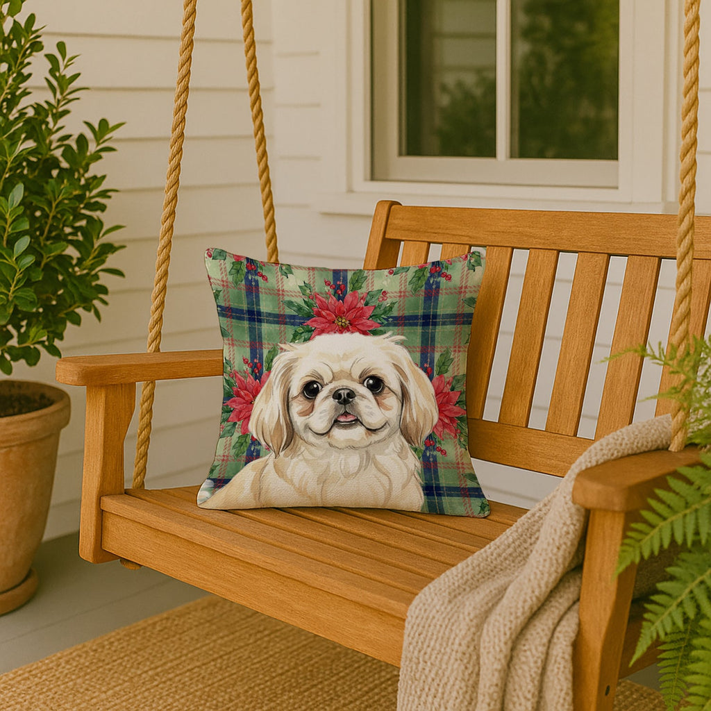 Cream Pekingese Christmas PoinsettIas Decorative Throw Pillow 18x18 Indoor Outdoor Accent Cushion, Fabric Cover with Insert for Sofa, Bed, Porch & Living Room
