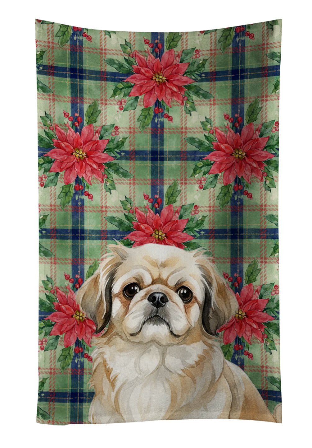 Fawn Pekingese Christmas PoinsettIas Kitchen Towel Velour Plush Front and Cotton Loop Back Machine Washable