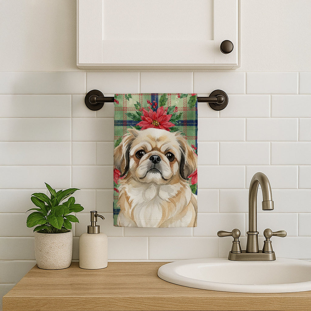 Fawn Pekingese Christmas PoinsettIas Kitchen Towel Velour Plush Front and Cotton Loop Back Machine Washable