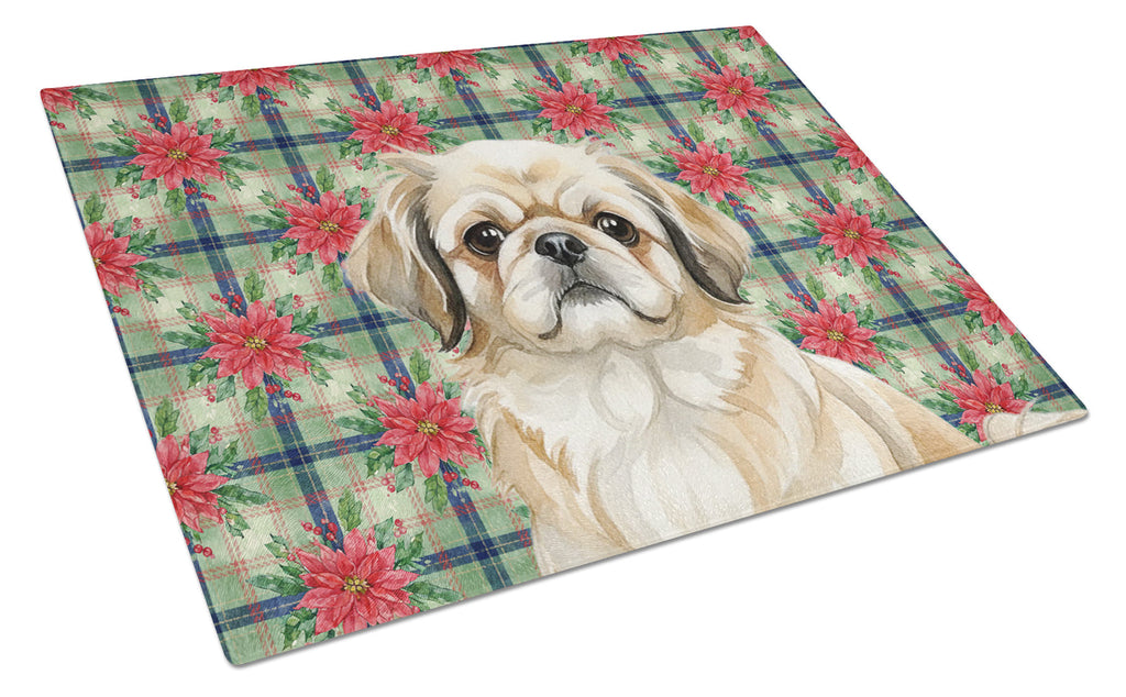 Fawn Pekingese Christmas PoinsettIas Cutting Board Tempered Glass Kitchen Cutting Surface, Heat Resistant Chopping, Non-Slip Feet, Food Prep & Serving