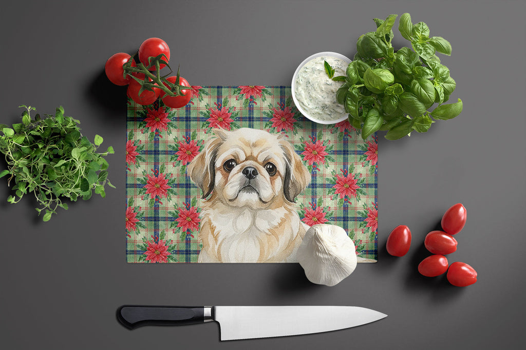 Fawn Pekingese Christmas PoinsettIas Cutting Board Tempered Glass Kitchen Cutting Surface, Heat Resistant Chopping, Non-Slip Feet, Food Prep & Serving
