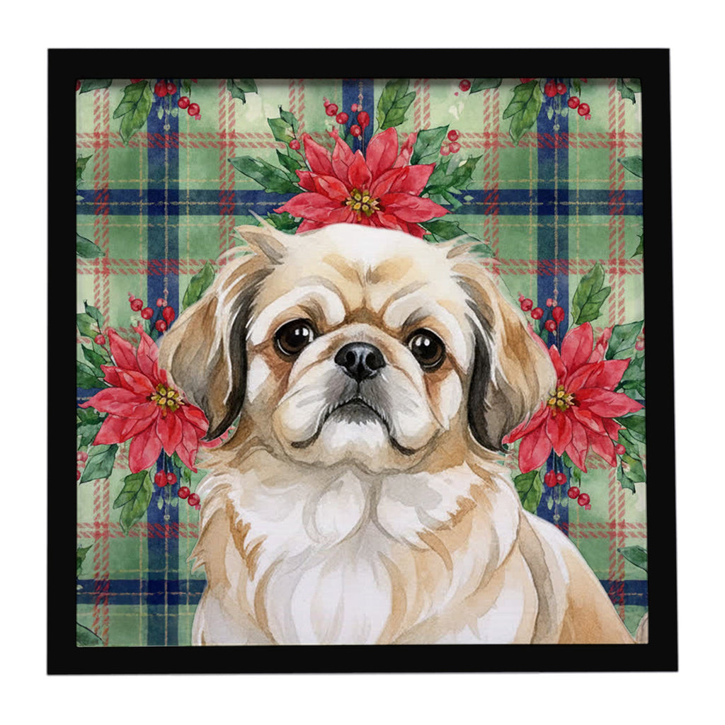 Fawn Pekingese Christmas PoinsettIas Framed Metal Print Bathroom, Kitchen, Office, Home Decor Wall Art Ready to Hang, Square, 8X8