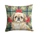 Fawn Pekingese Christmas PoinsettIas Decorative Throw Pillow 14x14 Indoor Outdoor Accent Cushion, Fabric Cover with Insert for Sofa, Bed, Porch & Living Room