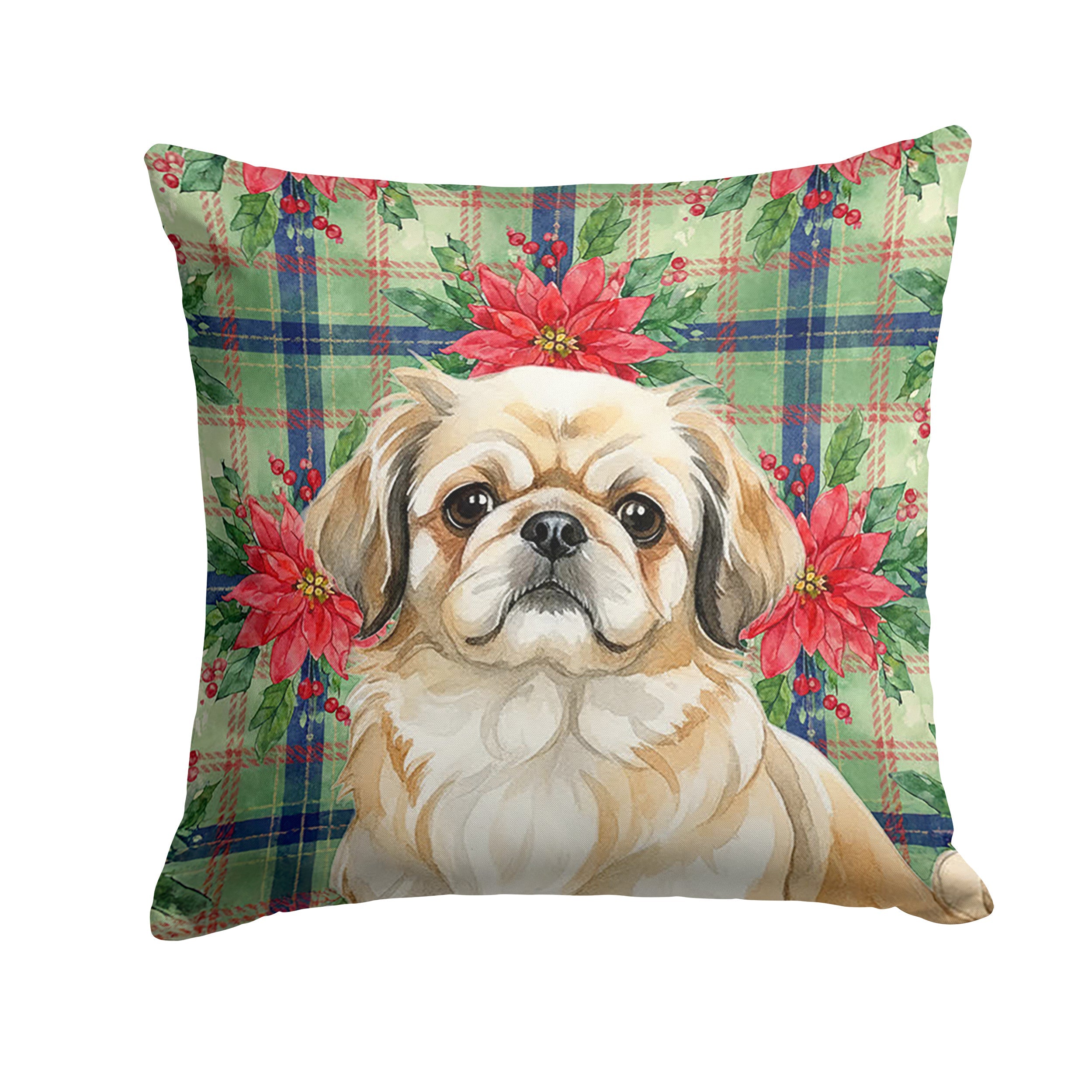 Fawn Pekingese Christmas PoinsettIas Decorative Throw Pillow 14x14 Indoor Outdoor Accent Cushion, Fabric Cover with Insert for Sofa, Bed, Porch & Living Room