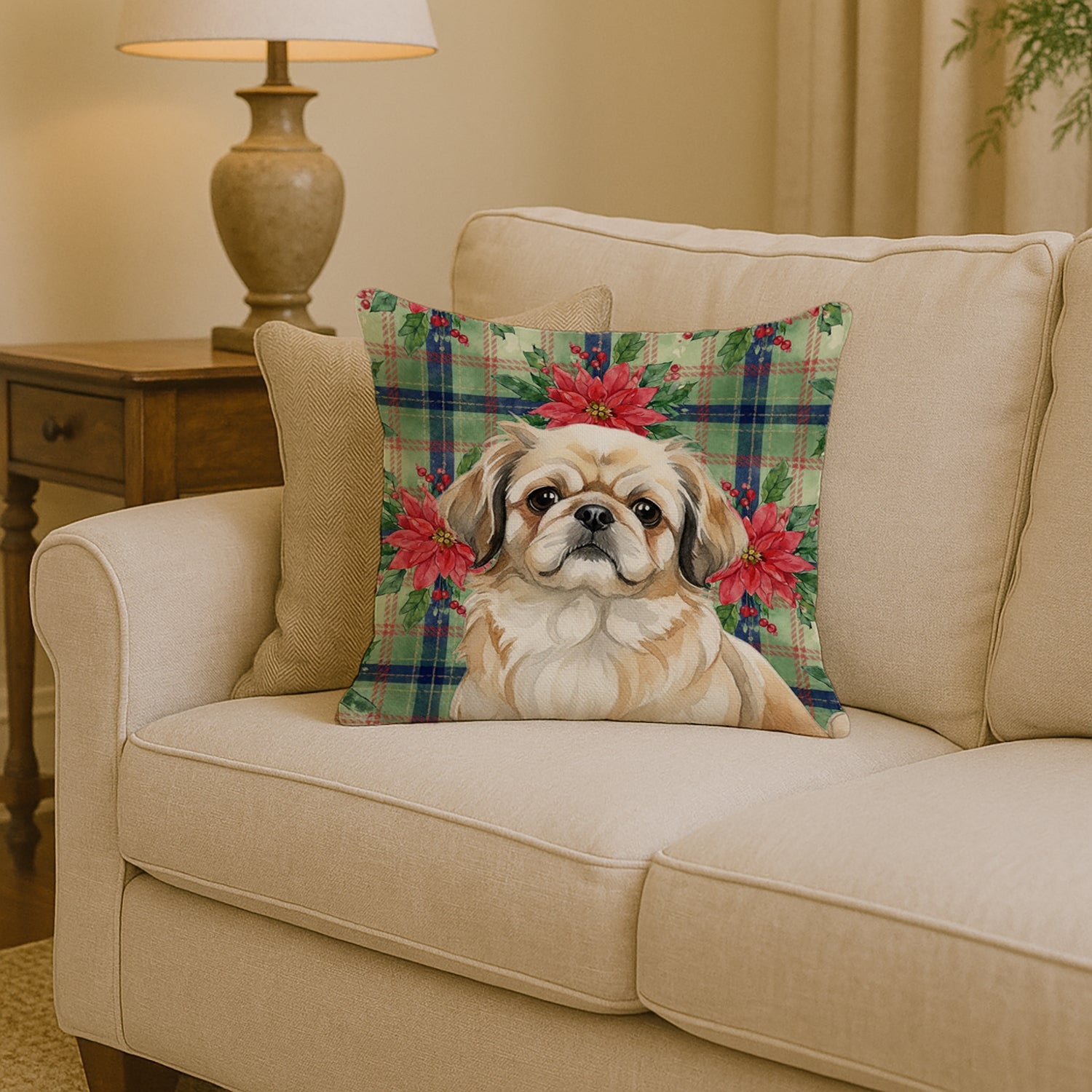 Fawn Pekingese Christmas PoinsettIas Decorative Throw Pillow 14x14 Indoor Outdoor Accent Cushion, Fabric Cover with Insert for Sofa, Bed, Porch & Living Room