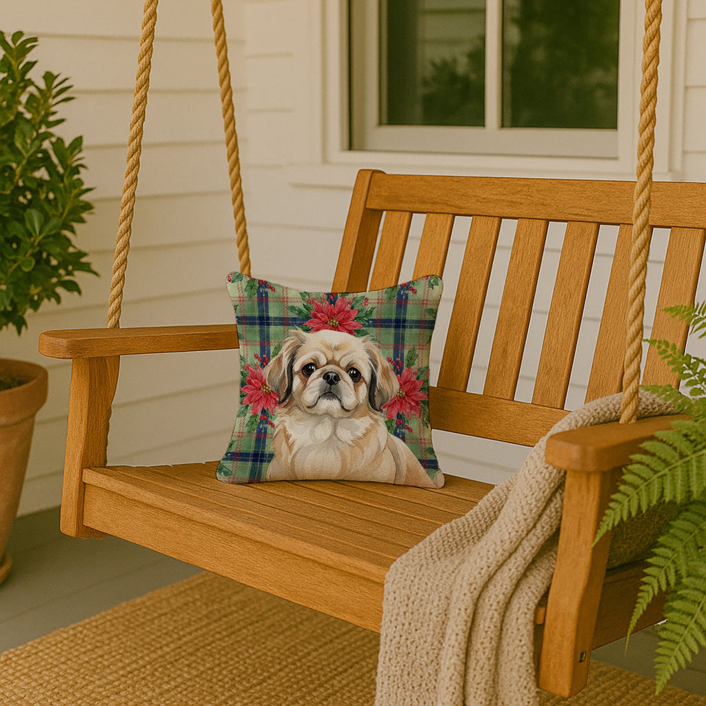 Fawn Pekingese Christmas PoinsettIas Decorative Throw Pillow 14x14 Indoor Outdoor Accent Cushion, Fabric Cover with Insert for Sofa, Bed, Porch & Living Room