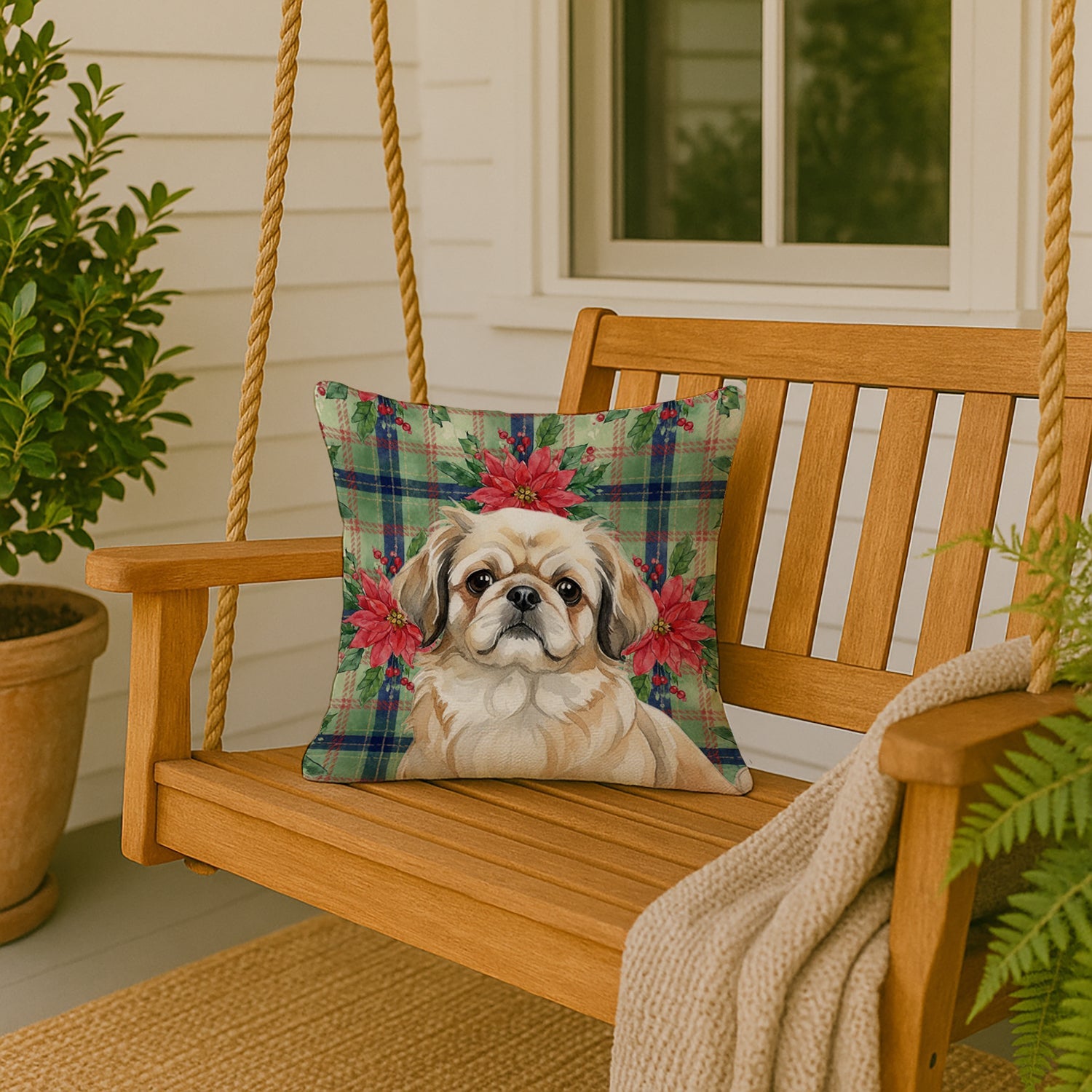 Fawn Pekingese Christmas PoinsettIas Decorative Throw Pillow 18x18 Indoor Outdoor Accent Cushion, Fabric Cover with Insert for Sofa, Bed, Porch & Living Room
