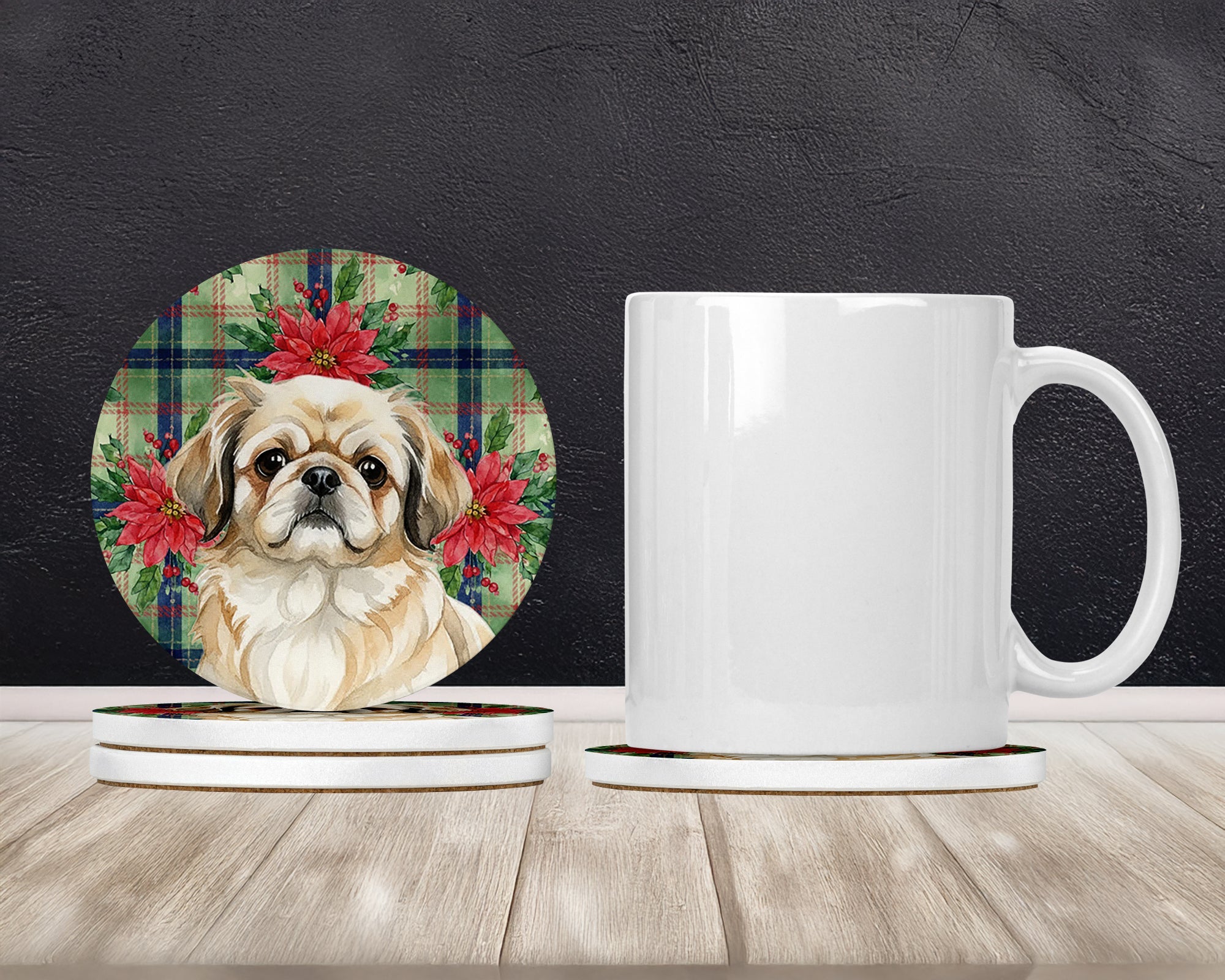 Fawn Pekingese Christmas PoinsettIas Large Sandstone Coasters Pack of 4 Absorbent Round Coasters Decor Gifts for Men or Women, 4 in, Multicolor