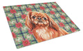 Red Pekingese Christmas PoinsettIas Cutting Board Tempered Glass Kitchen Cutting Surface, Heat Resistant Chopping, Non-Slip Feet, Food Prep & Serving