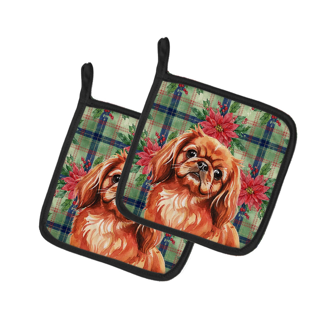 Red Pekingese Christmas PoinsettIas Pot Holder Set of 2 Heat Resistant Quilted Hot Pads 7.5 x 7.5 Inch, Insulated Kitchen Trivets for Cooking & Baking