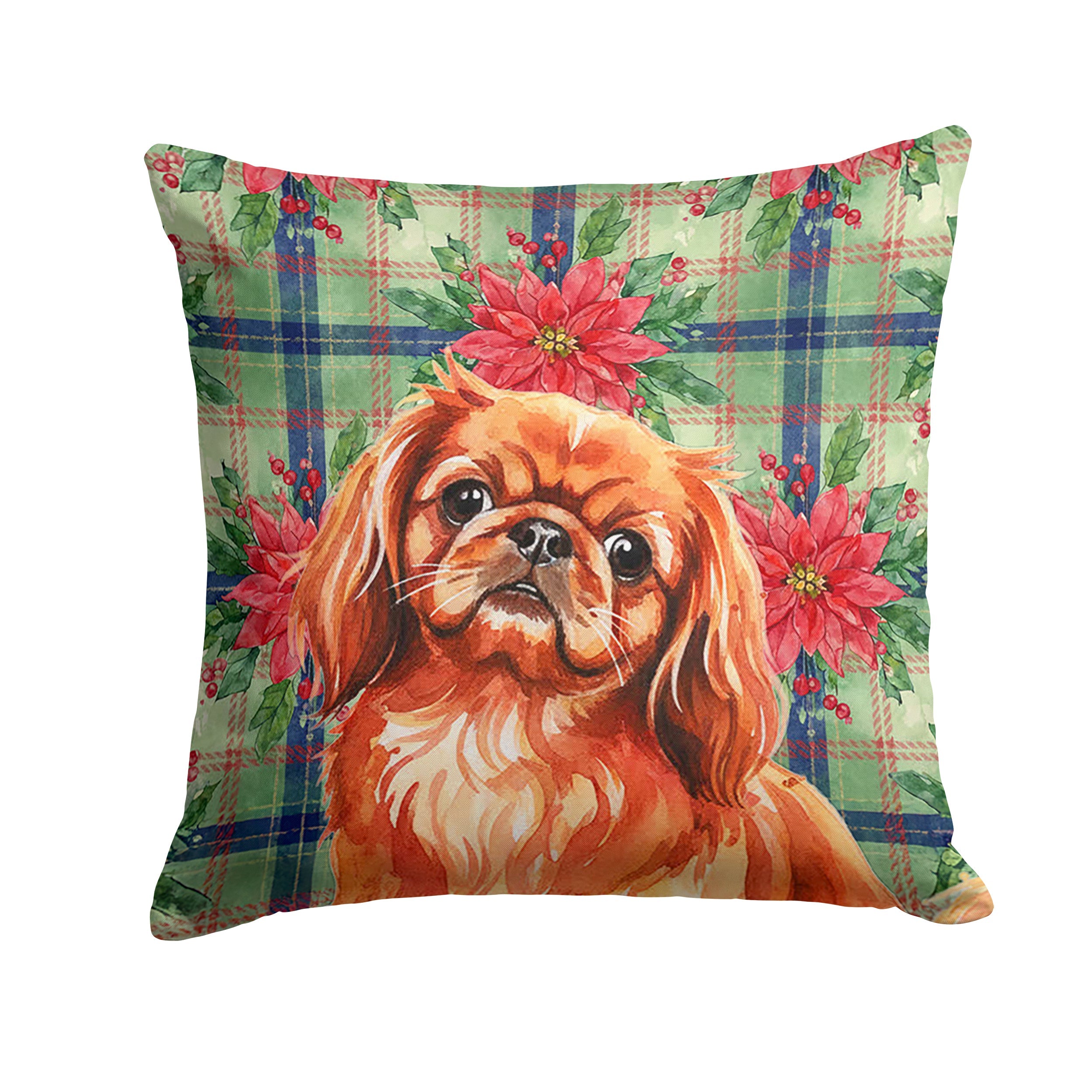 Red Pekingese Christmas PoinsettIas Decorative Throw Pillow 18x18 Indoor Outdoor Accent Cushion, Fabric Cover with Insert for Sofa, Bed, Porch & Living Room