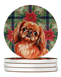 Red Pekingese Christmas PoinsettIas Large Sandstone Coasters Pack of 4 Absorbent Round Coasters Decor Gifts for Men or Women, 4 in, Multicolor