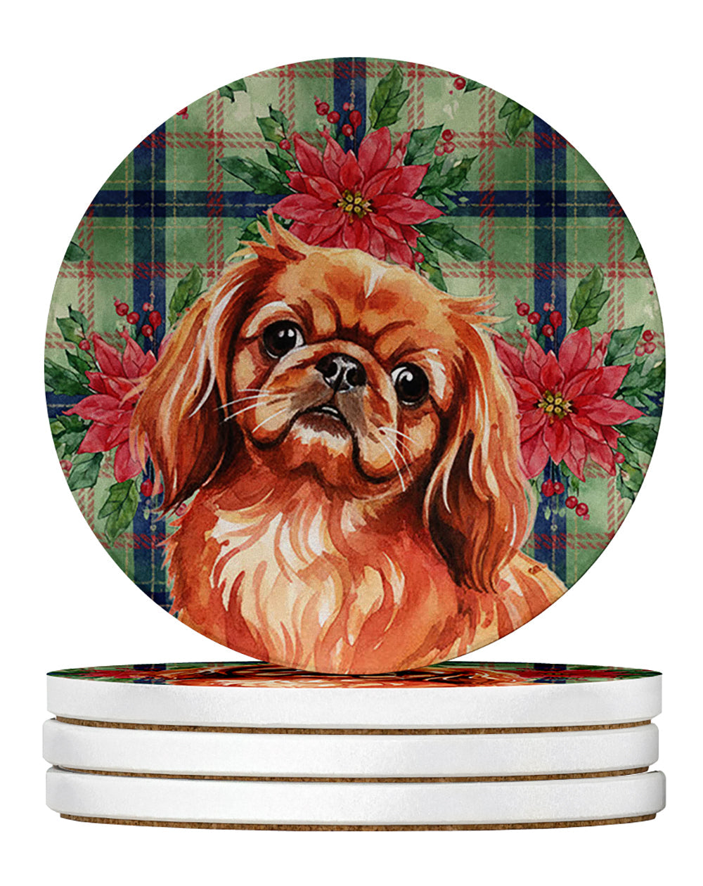 Red Pekingese Christmas PoinsettIas Large Sandstone Coasters Pack of 4 Absorbent Round Coasters Decor Gifts for Men or Women, 4 in, Multicolor