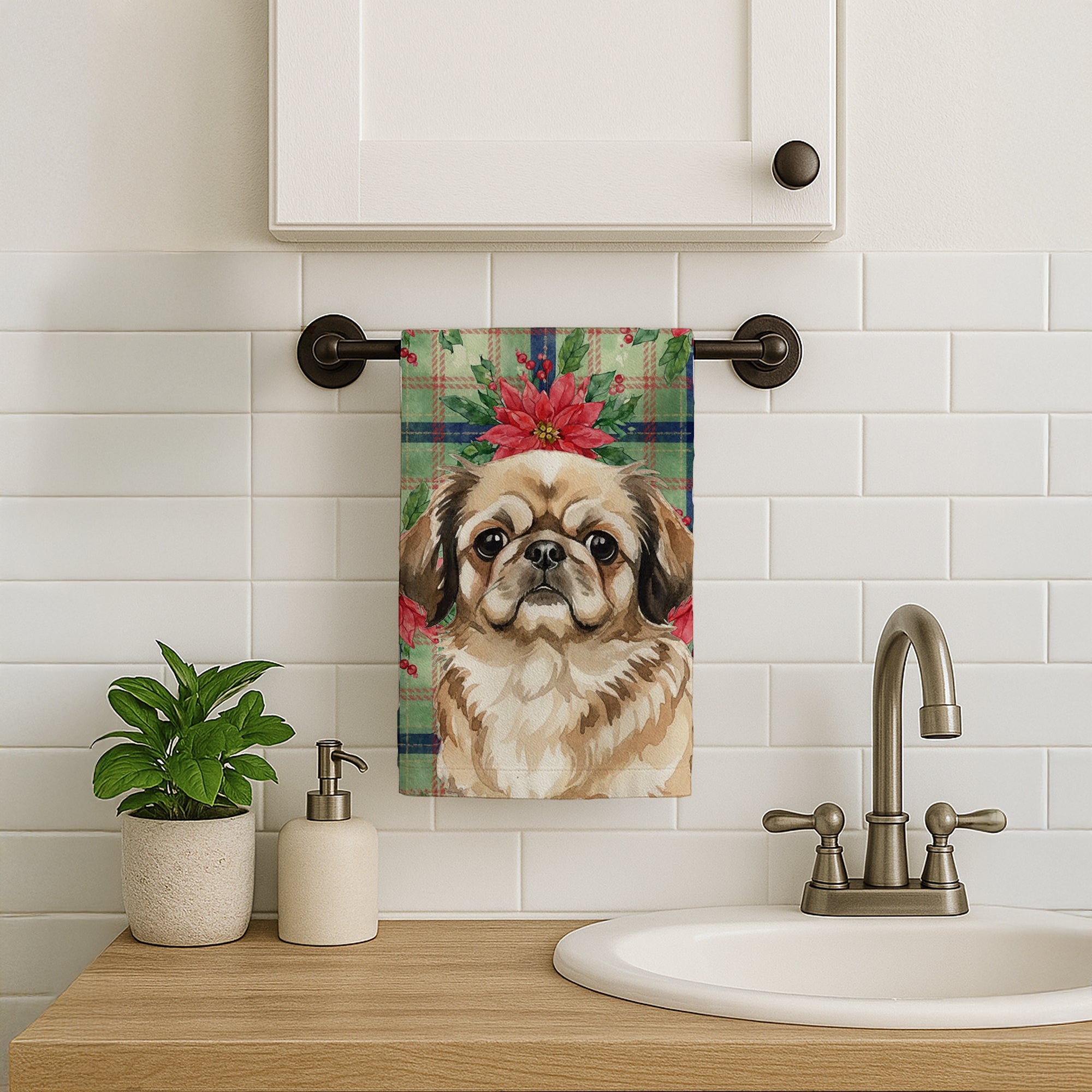 Sable Pekingese Christmas PoinsettIas Kitchen Towel Velour Plush Front and Cotton Loop Back Machine Washable