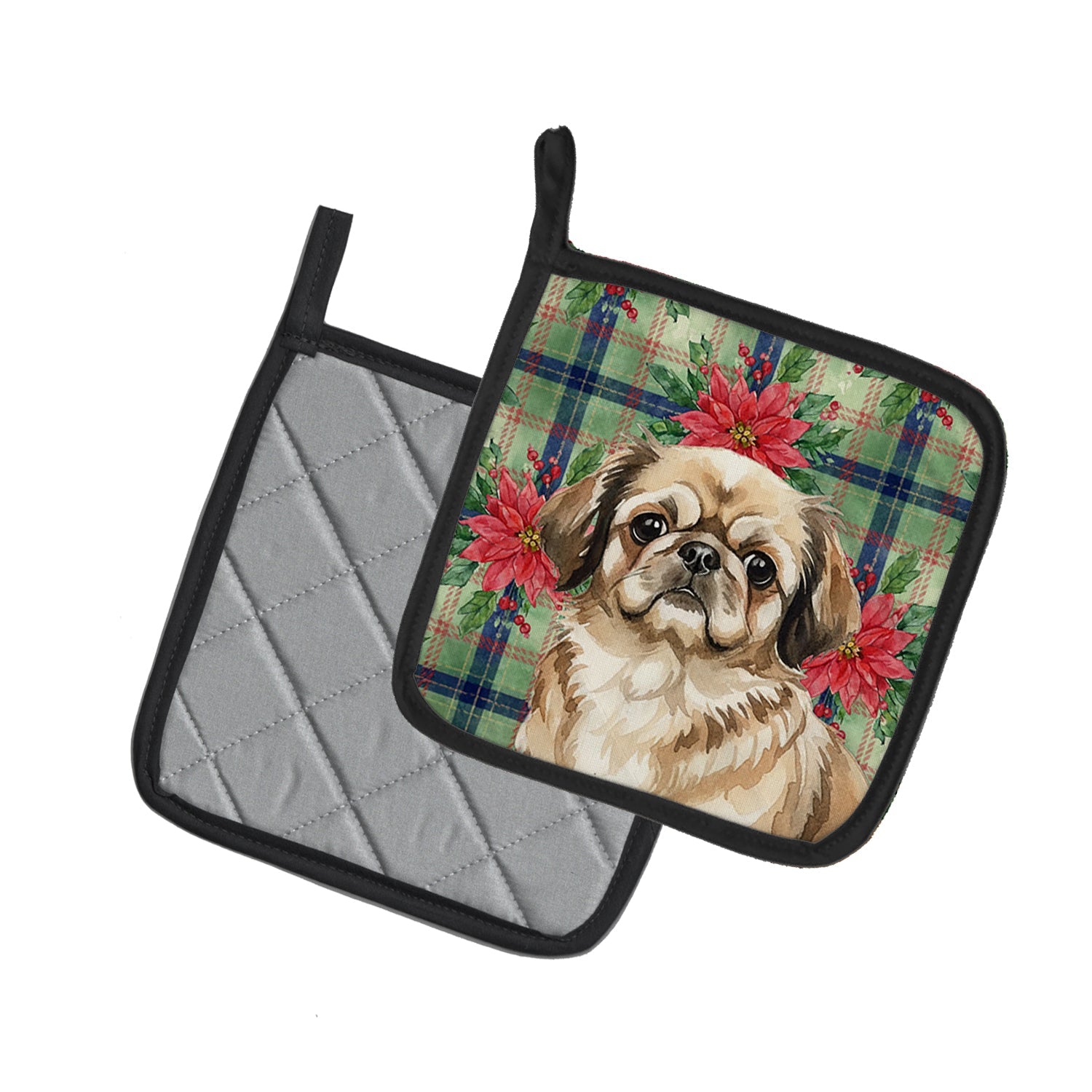 Sable Pekingese Christmas PoinsettIas Pot Holder Set of 2 Heat Resistant Quilted Hot Pads 7.5 x 7.5 Inch, Insulated Kitchen Trivets for Cooking & Baking