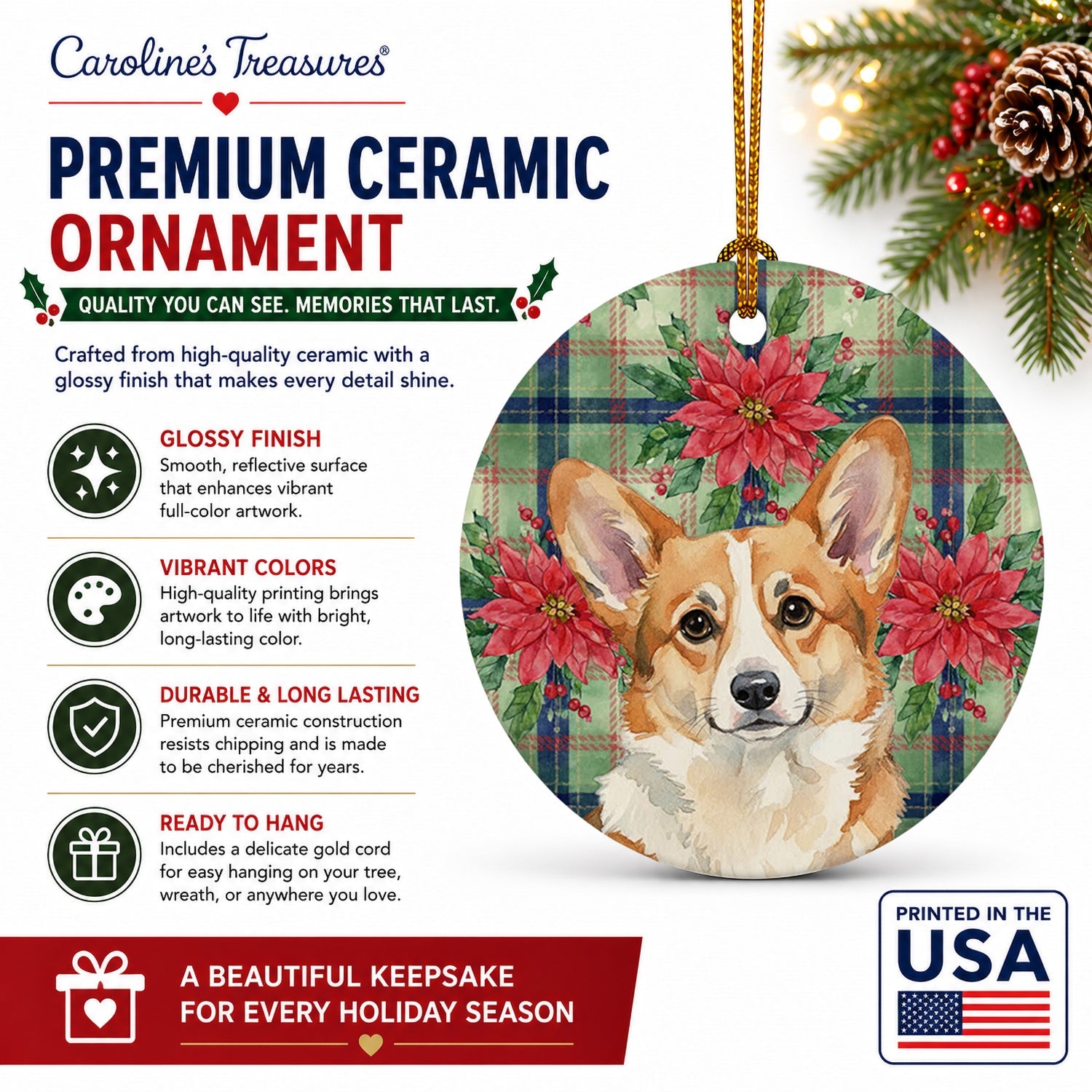 Corgi Christmas PoinsettIas Ceramic Ornament Christmas Tree Hanging Decorations for Home Christmas Holiday, Party, Gift, 3 in, Multicolor