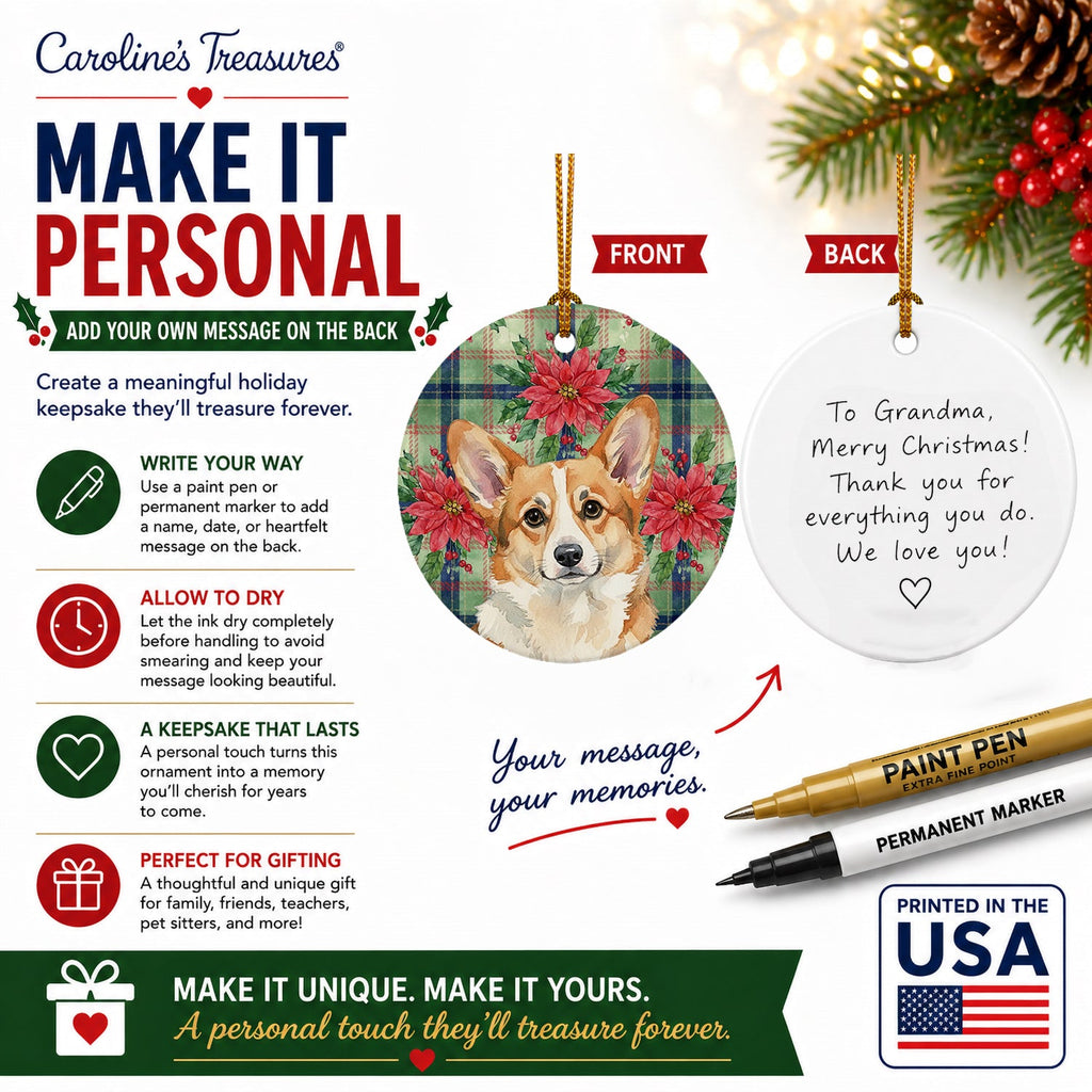 Corgi Christmas PoinsettIas Ceramic Ornament Christmas Tree Hanging Decorations for Home Christmas Holiday, Party, Gift, 3 in, Multicolor