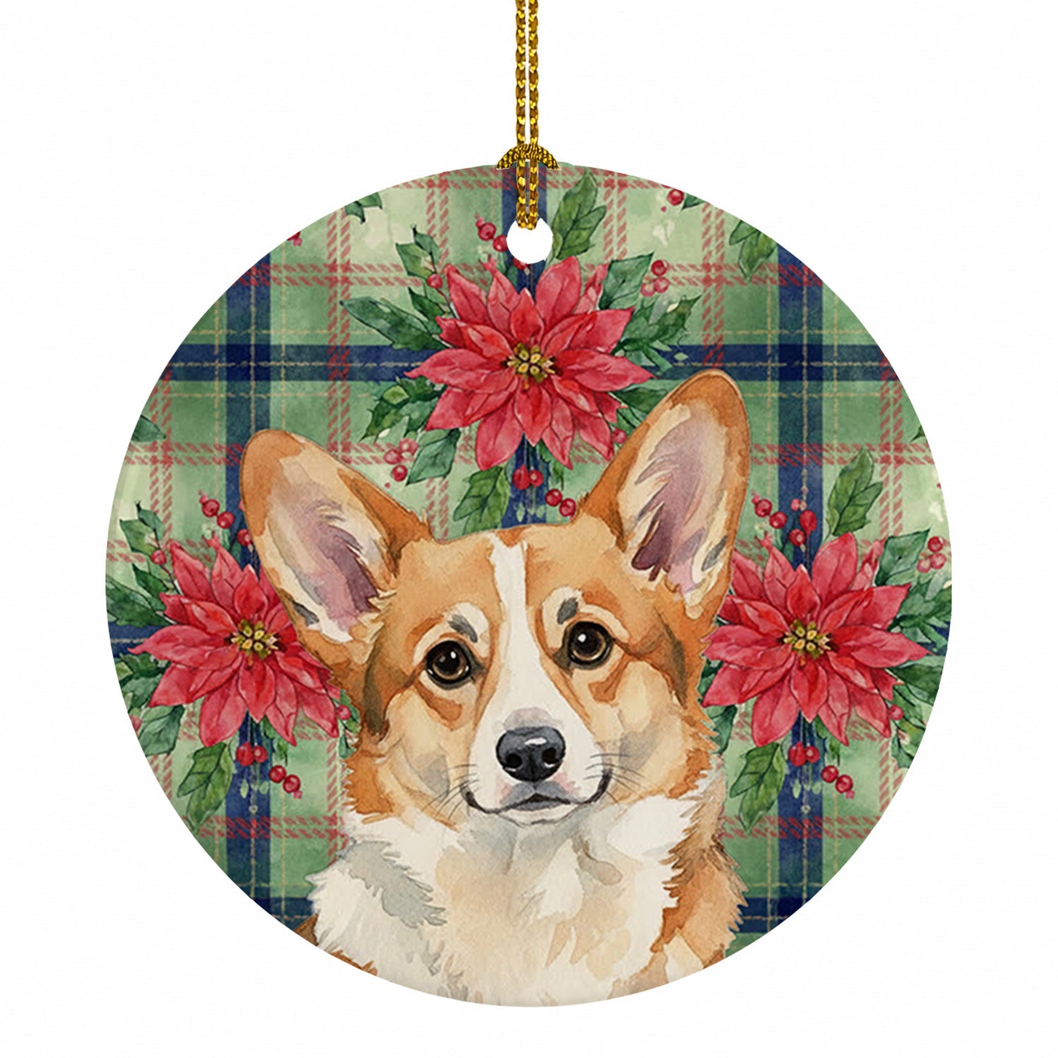 Corgi Christmas PoinsettIas Ceramic Ornament Christmas Tree Hanging Decorations for Home Christmas Holiday, Party, Gift, 3 in, Multicolor