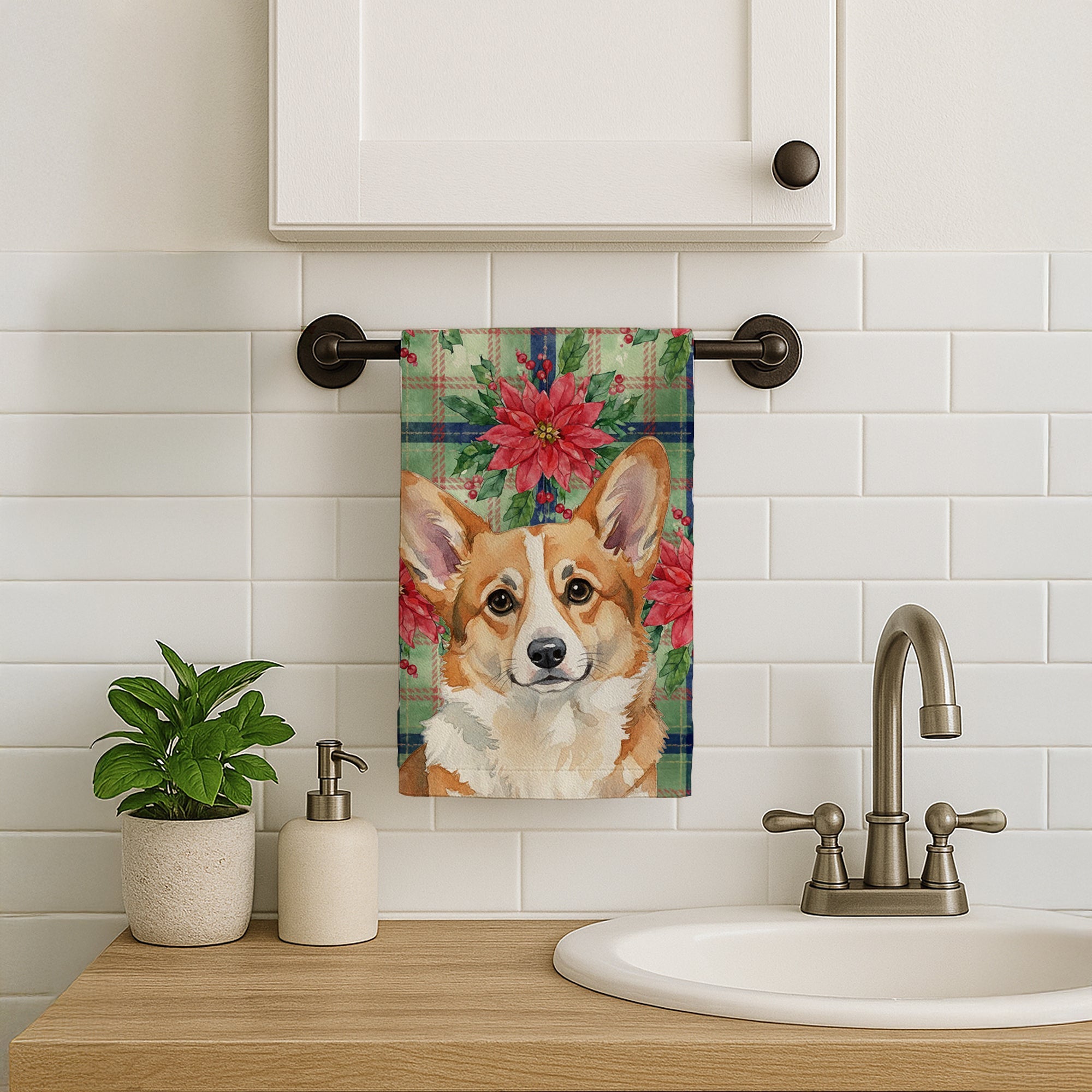 Corgi Christmas PoinsettIas Kitchen Towel Velour Plush Front and Cotton Loop Back Machine Washable