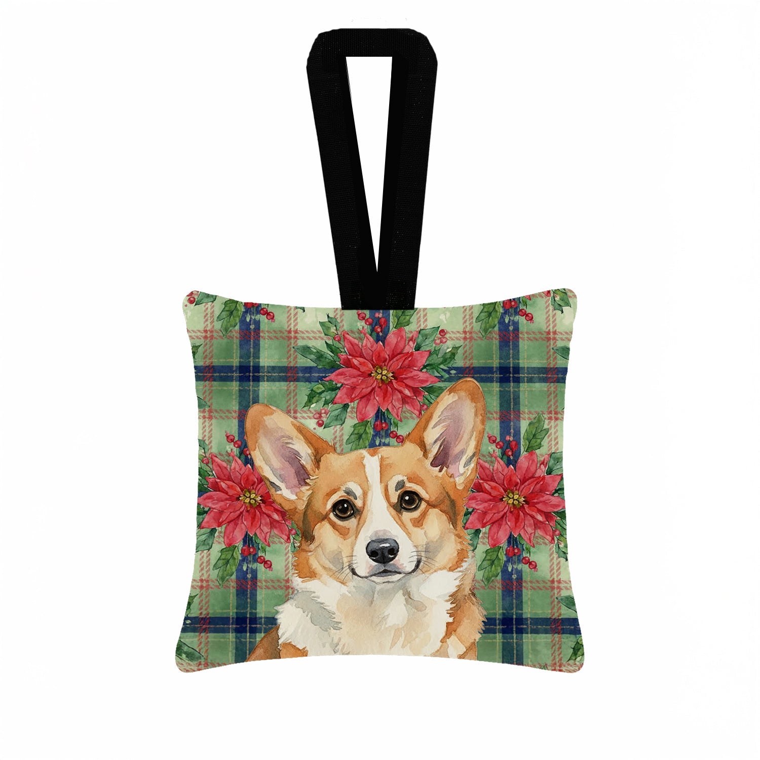Corgi Christmas PoinsettIas Hanging Square Fabric Ornament 3.5 � 3.5 Decorative Door-Knob & Tree Hanger, Soft Fabric