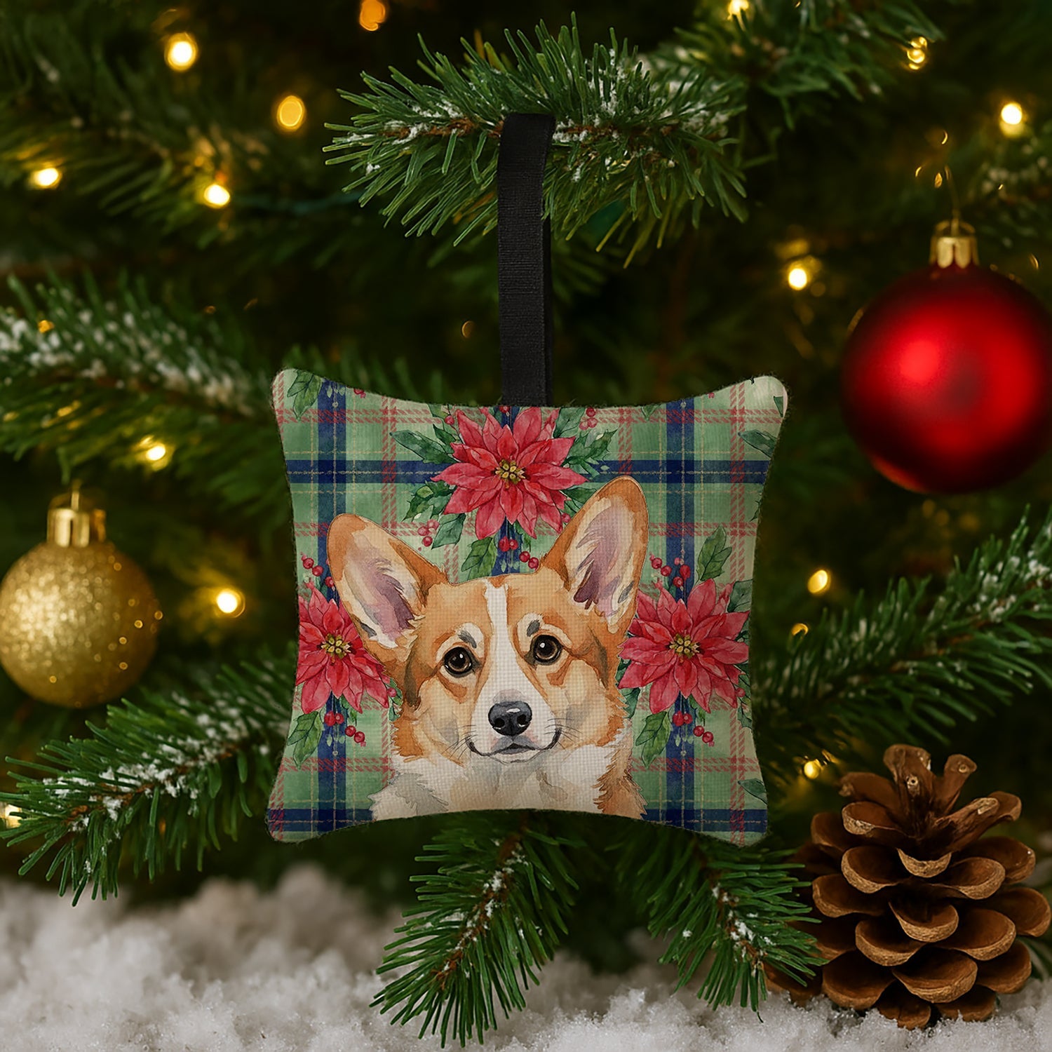 Corgi Christmas PoinsettIas Hanging Square Fabric Ornament 3.5 � 3.5 Decorative Door-Knob & Tree Hanger, Soft Fabric