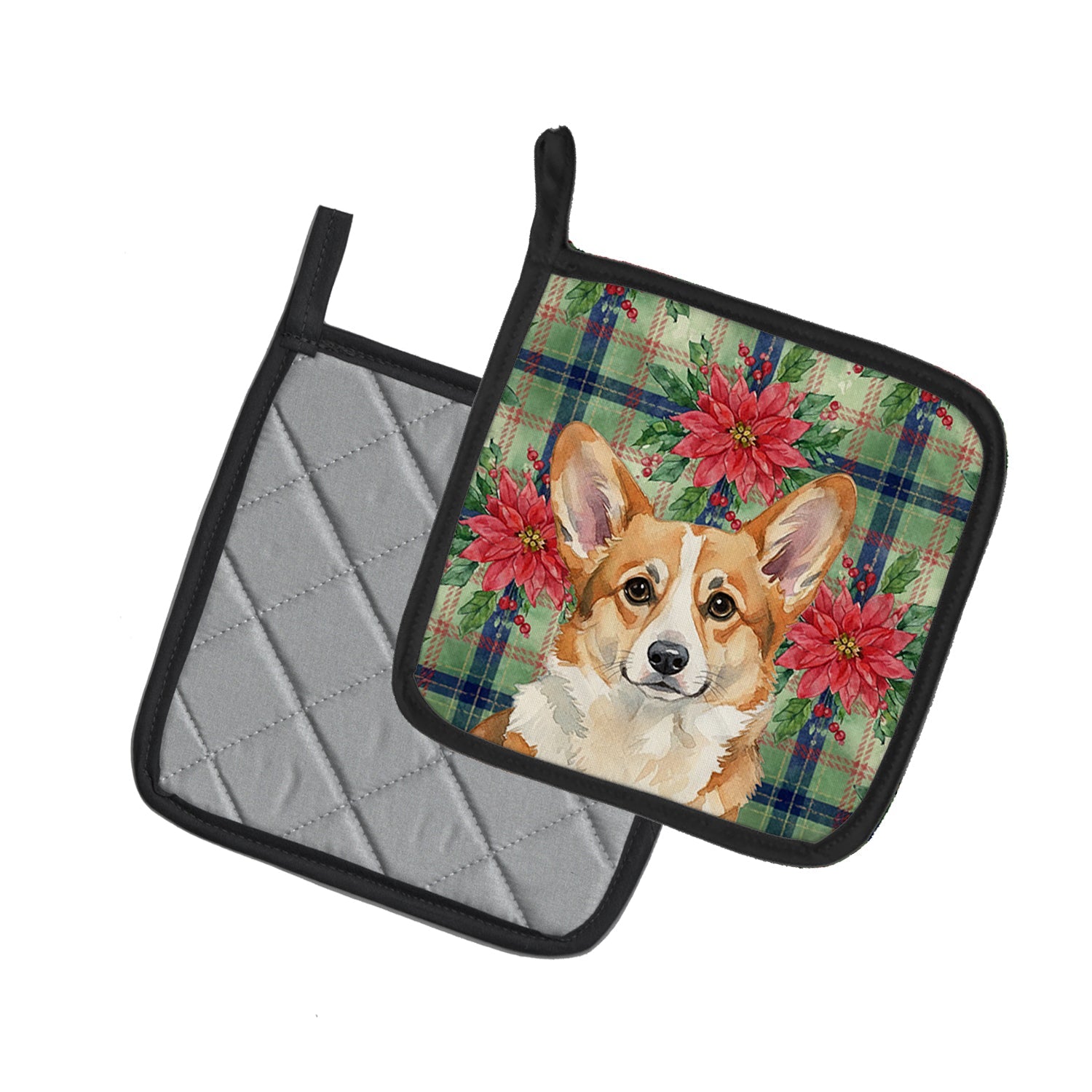 Corgi Christmas PoinsettIas Pot Holder Set of 2 Heat Resistant Quilted Hot Pads 7.5 x 7.5 Inch, Insulated Kitchen Trivets for Cooking & Baking