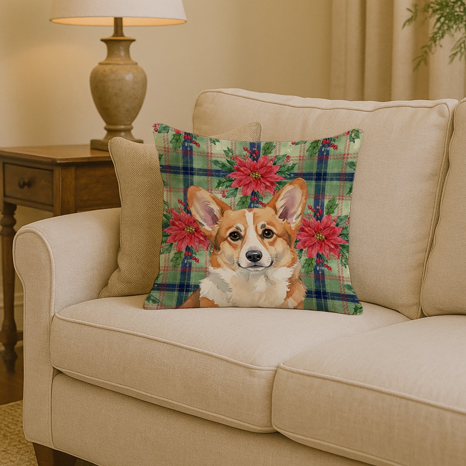 Corgi Christmas PoinsettIas Decorative Throw Pillow 14x14 Indoor Outdoor Accent Cushion, Fabric Cover with Insert for Sofa, Bed, Porch & Living Room
