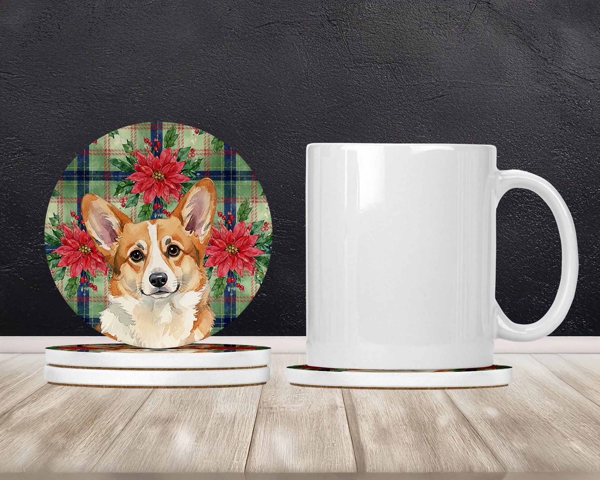 Corgi Christmas PoinsettIas Large Sandstone Coasters Pack of 4 Absorbent Round Coasters Decor Gifts for Men or Women, 4 in, Multicolor