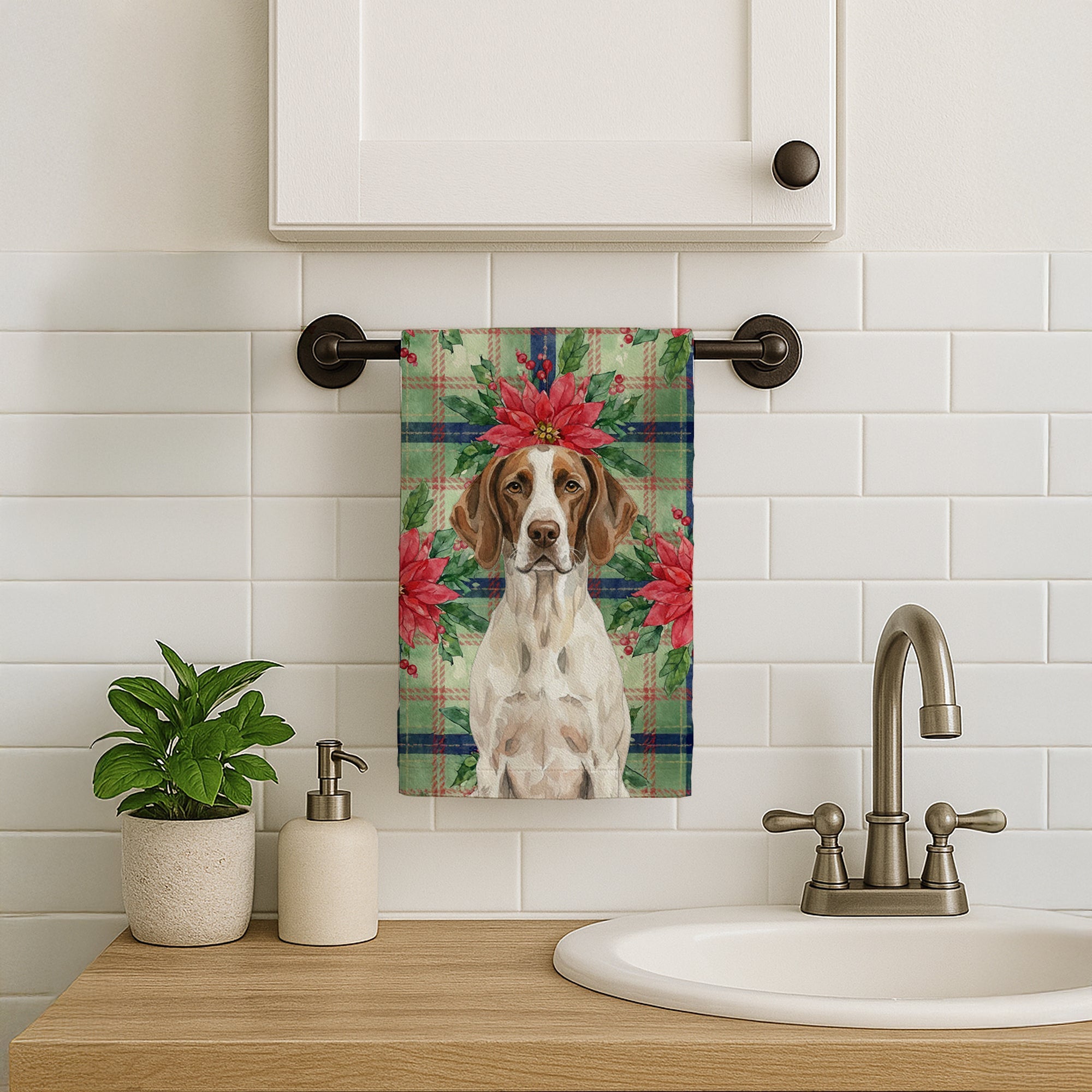 Liver and White Pointer Christmas PoinsettIas Kitchen Towel Velour Plush Front and Cotton Loop Back Machine Washable